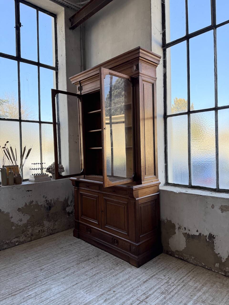 Antique XL Napoleonic oak glass bookcase, 19th century
