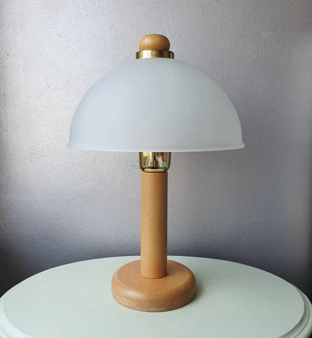 Vintage wooden table lamp with glass lampshade, 80s