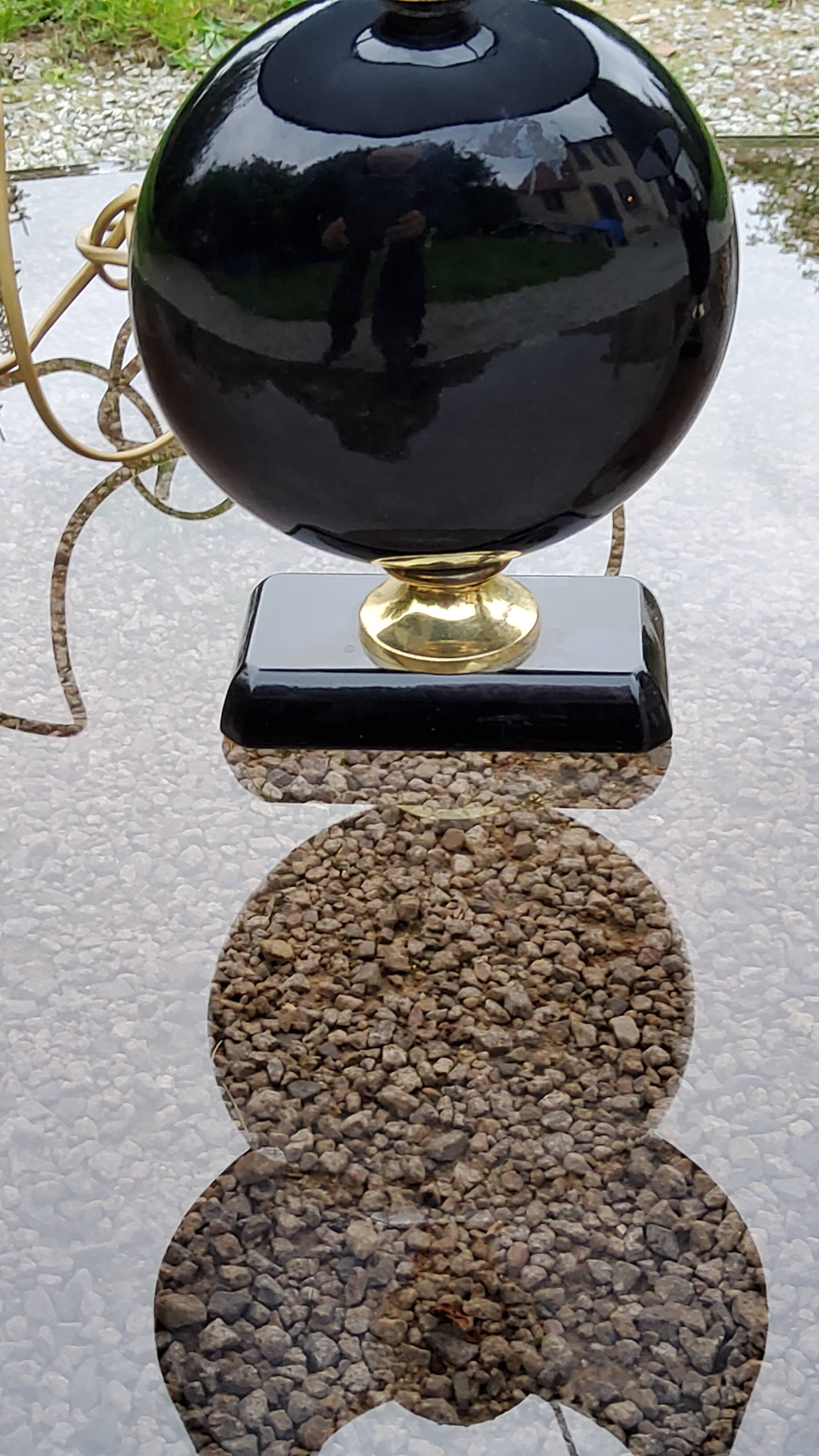 Pair of 70s designer lamps in black ceramic and gold metal