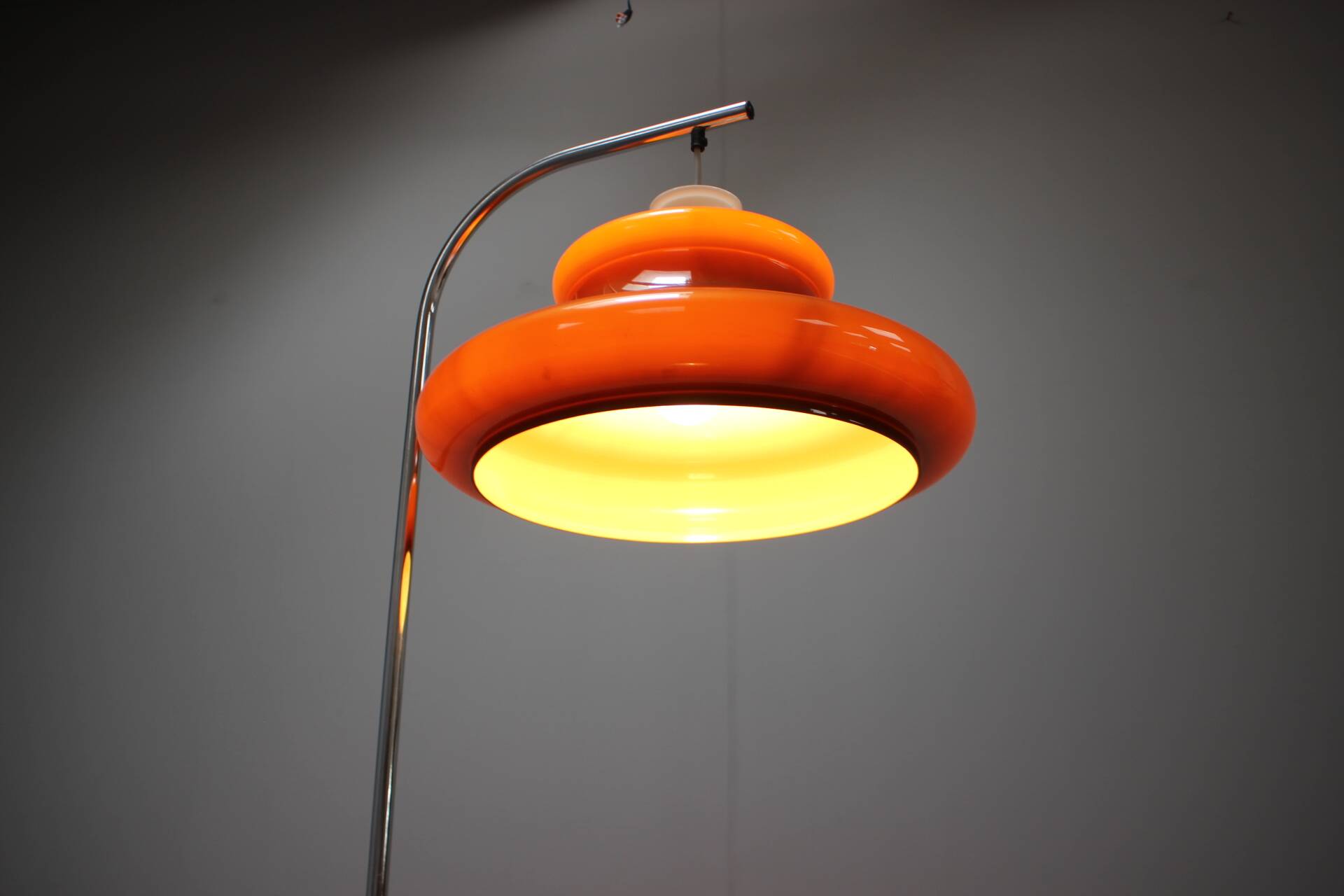 1970s Hungarian space age floor lamp in orange plastic and chrome.