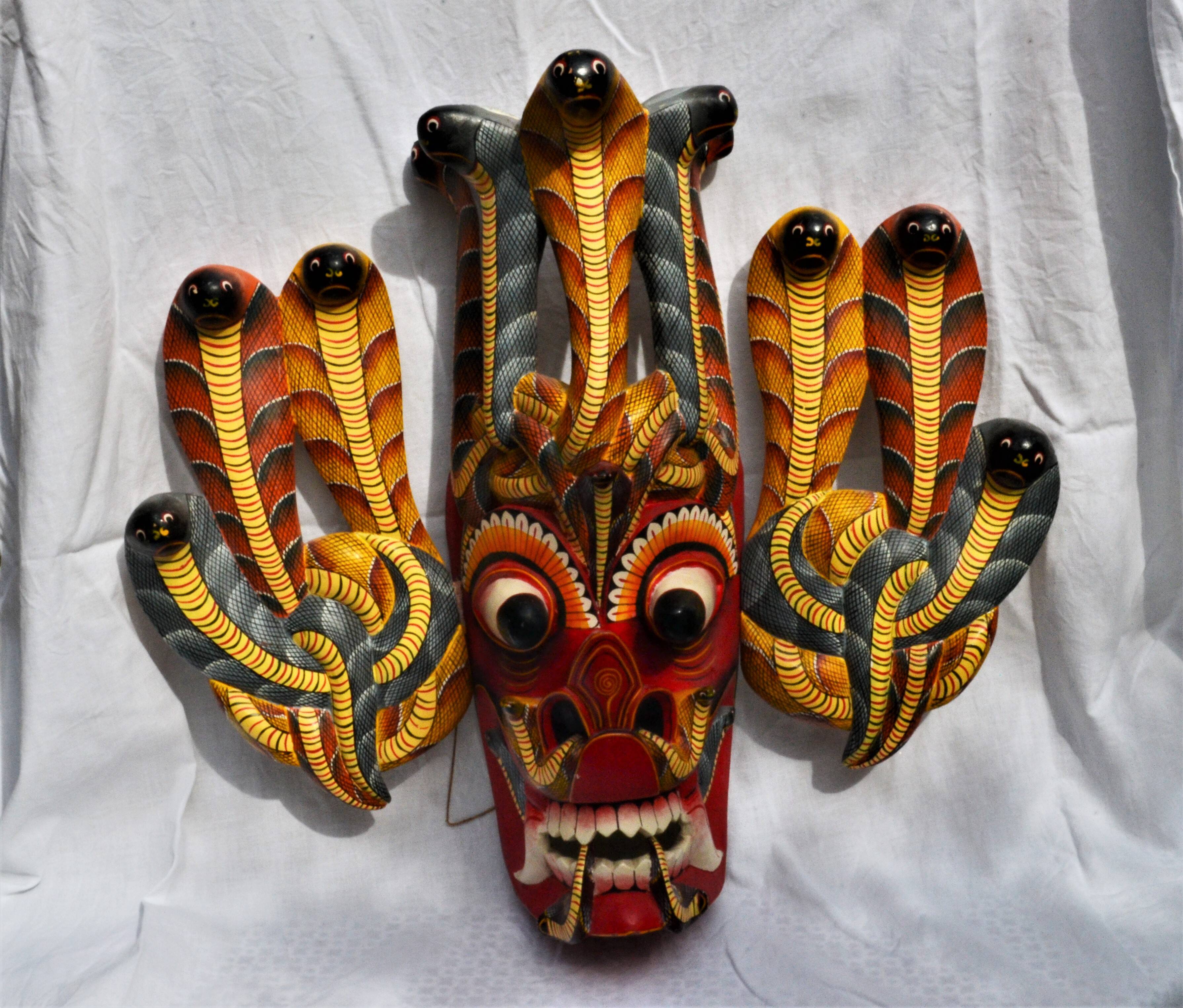 Old oriental mask - carved wood - sri lanka - hand painted