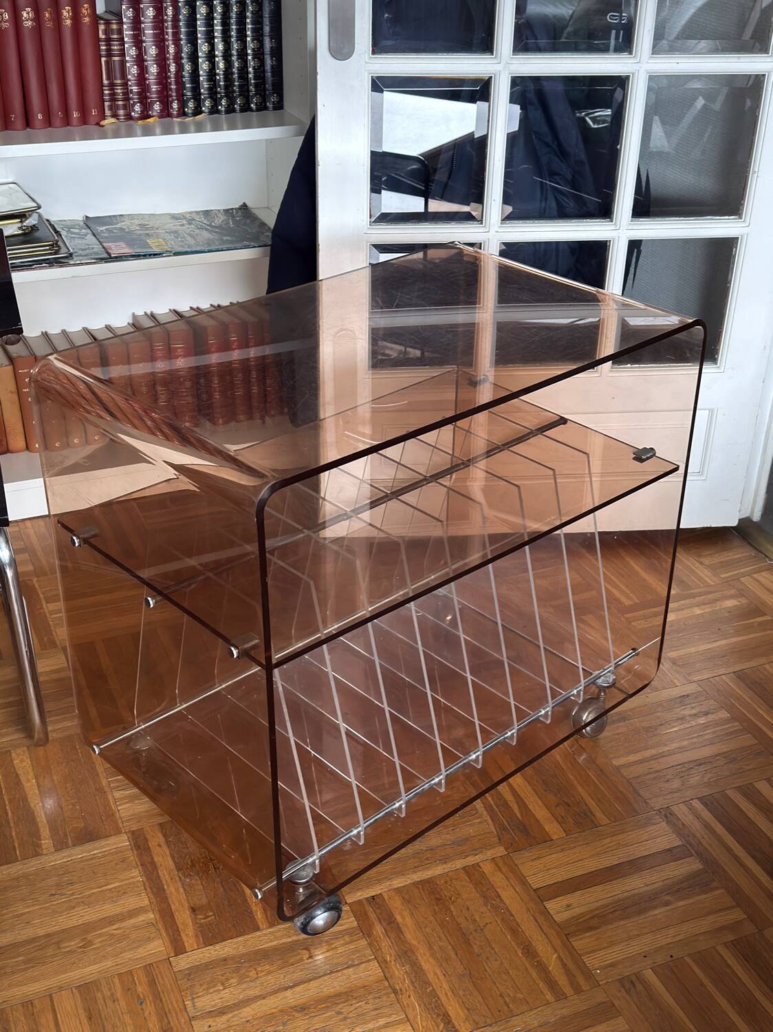 70s smoked Plexiglas hi-fi cabinet