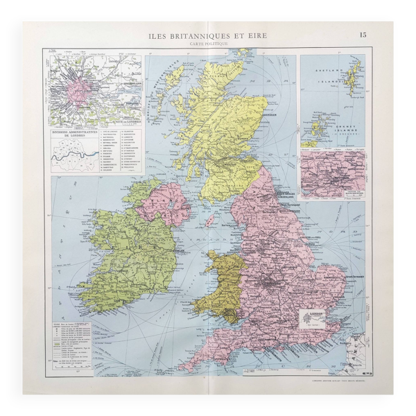 Carte ancienne Grande-Bretagne et Irlande 43x43cm de 1950