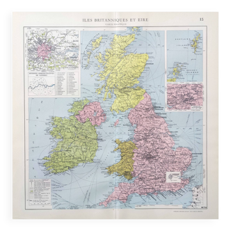 Carte ancienne Grande-Bretagne et Irlande 43x43cm de 1950
