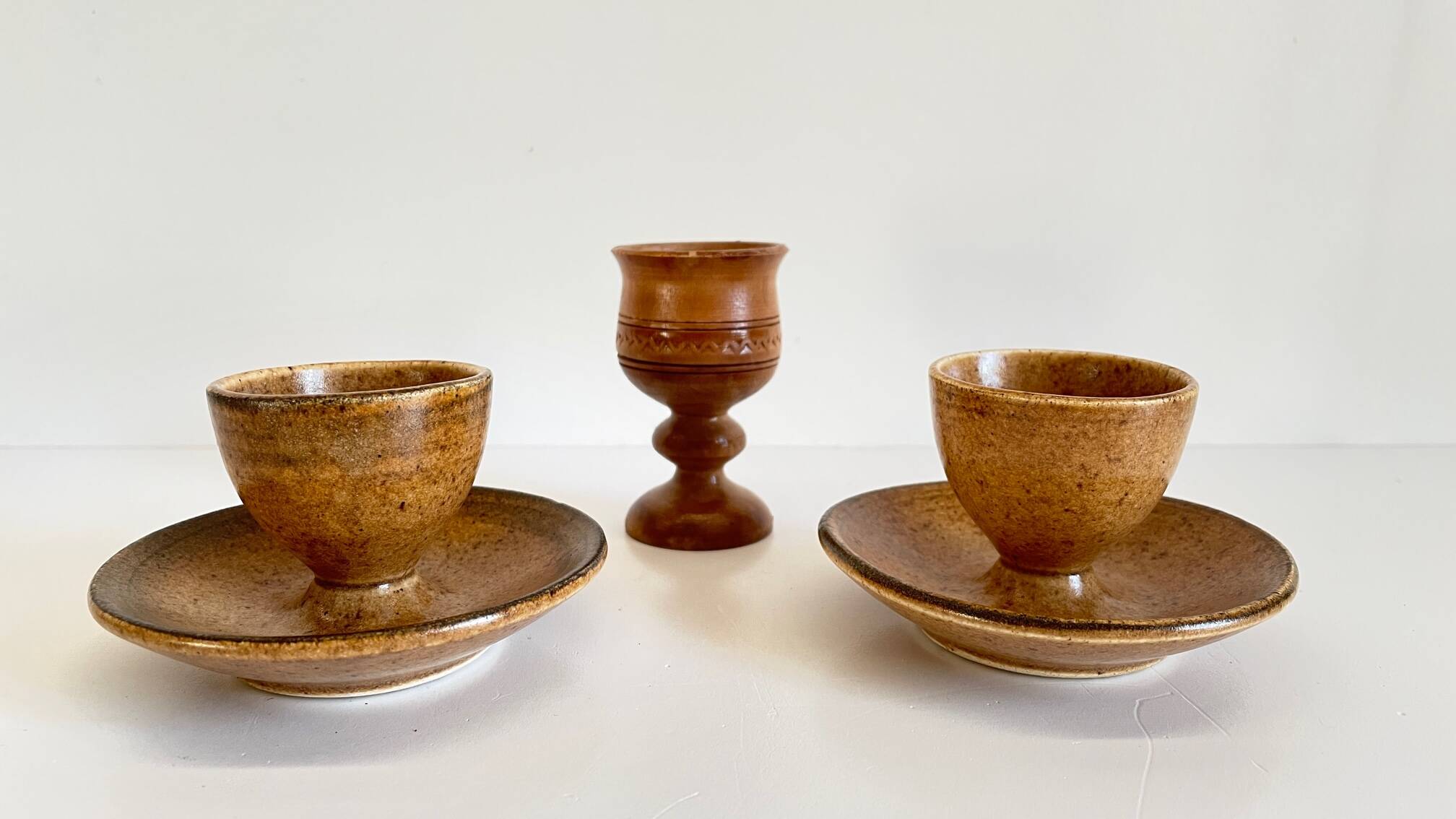 Vintage ceramic and wood egg cups