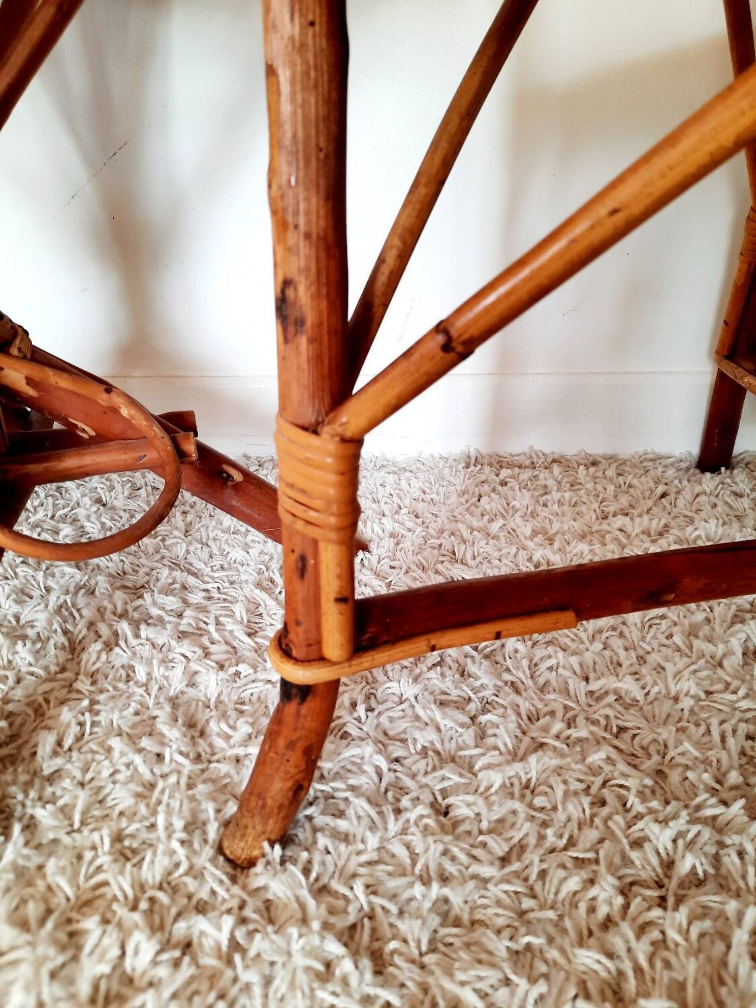1950s 60s rattan armchair with green apple and black piping.