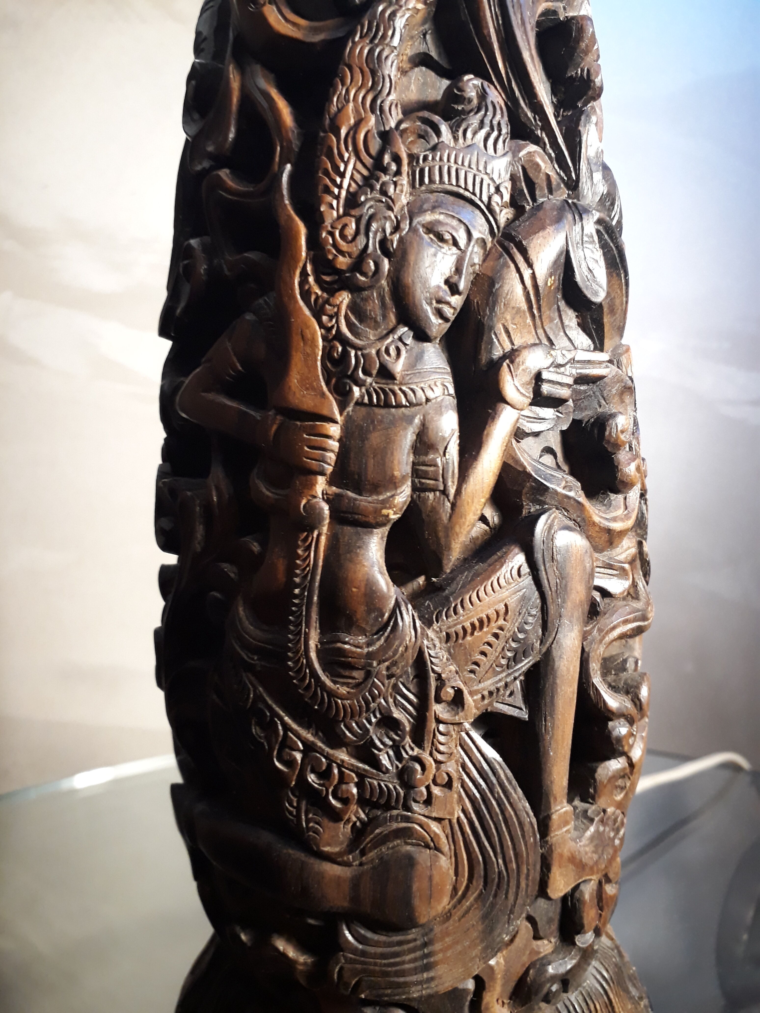 Large exotic wooden lamp finely carved Thai dancer