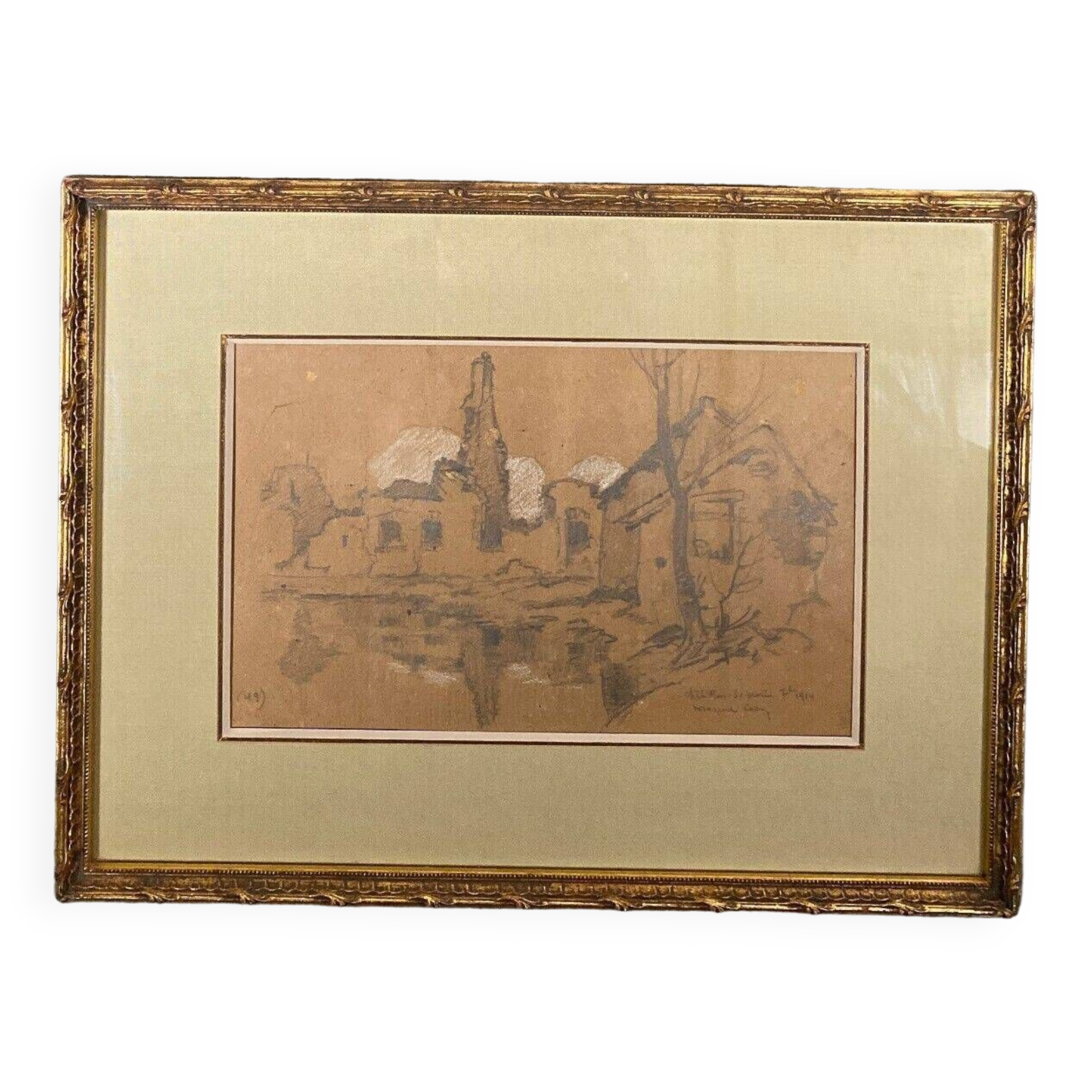 Drawing on paper by Léon Broquet Chatillon-sur-Morin Marne 1914