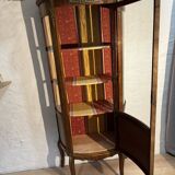Curved marquetry display case, half-moon shape, checkerboard marquetry