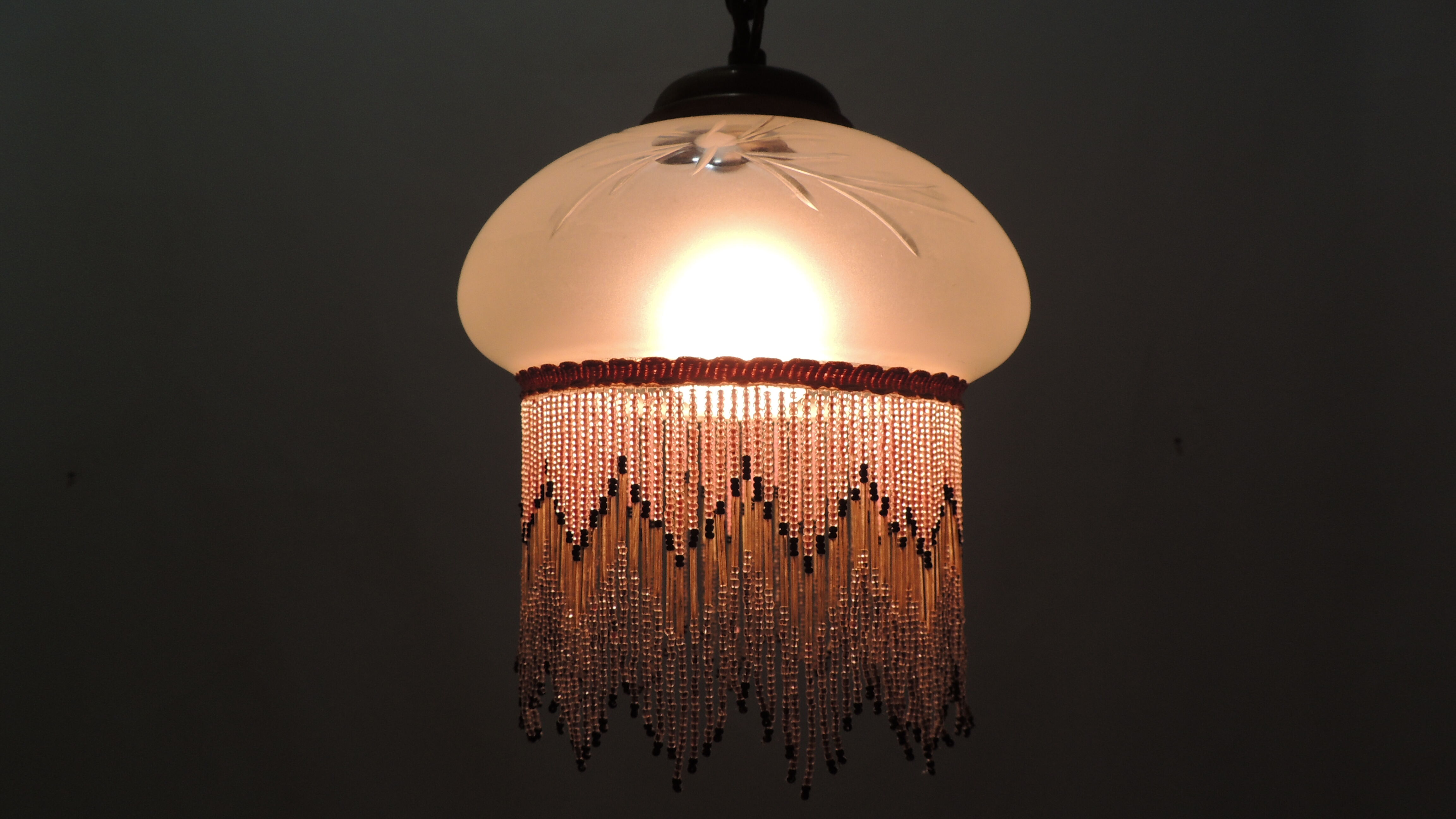 Charleston pendant lamp / engraved and frosted glass and glass bead fringe / vintage