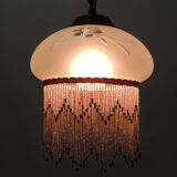 Charleston pendant lamp / engraved and frosted glass and glass bead fringe / vintage