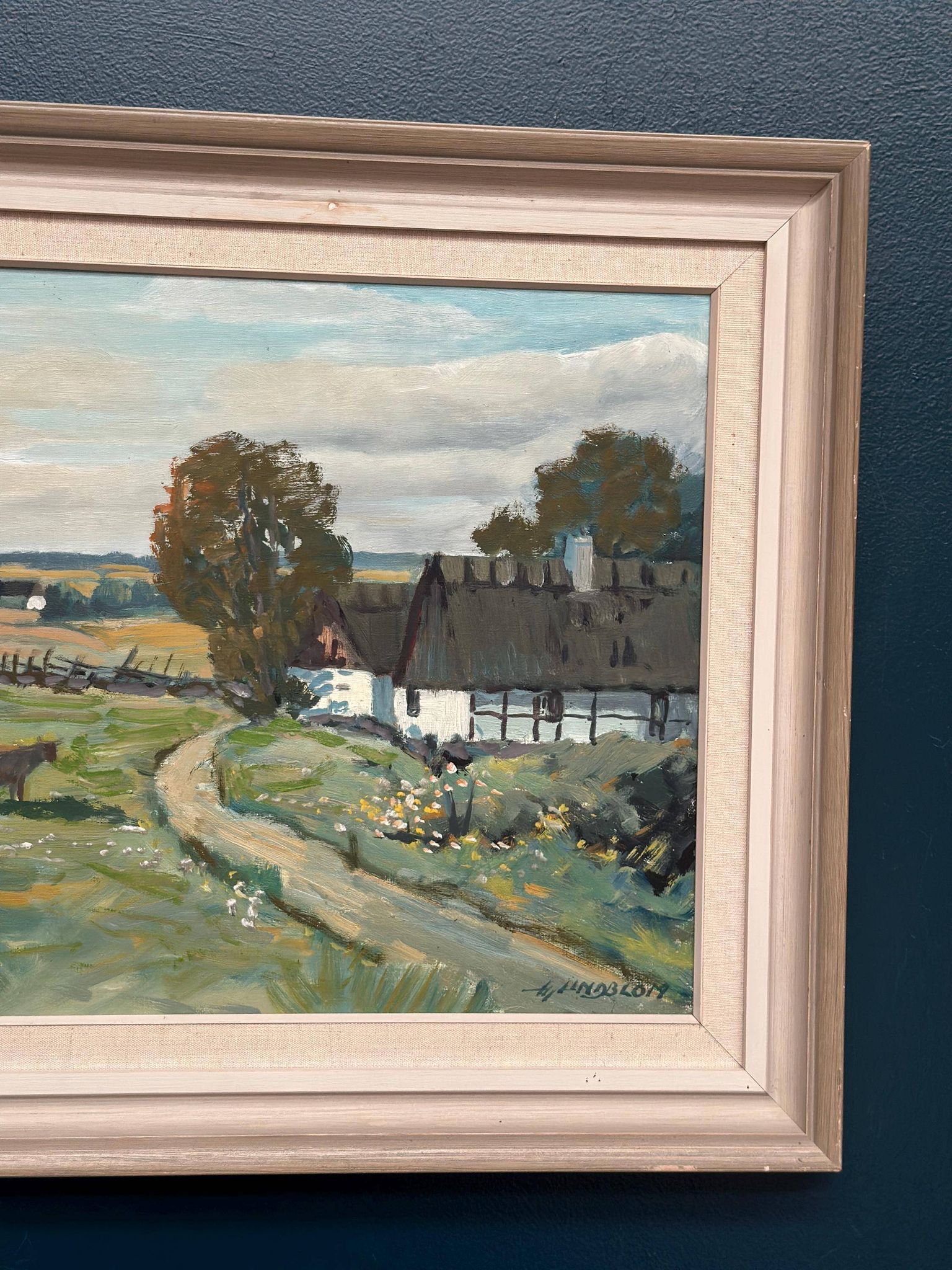 Swedish Oil on Canvas – “Farms with Grazing Cows” by Hjalmar Lindblom