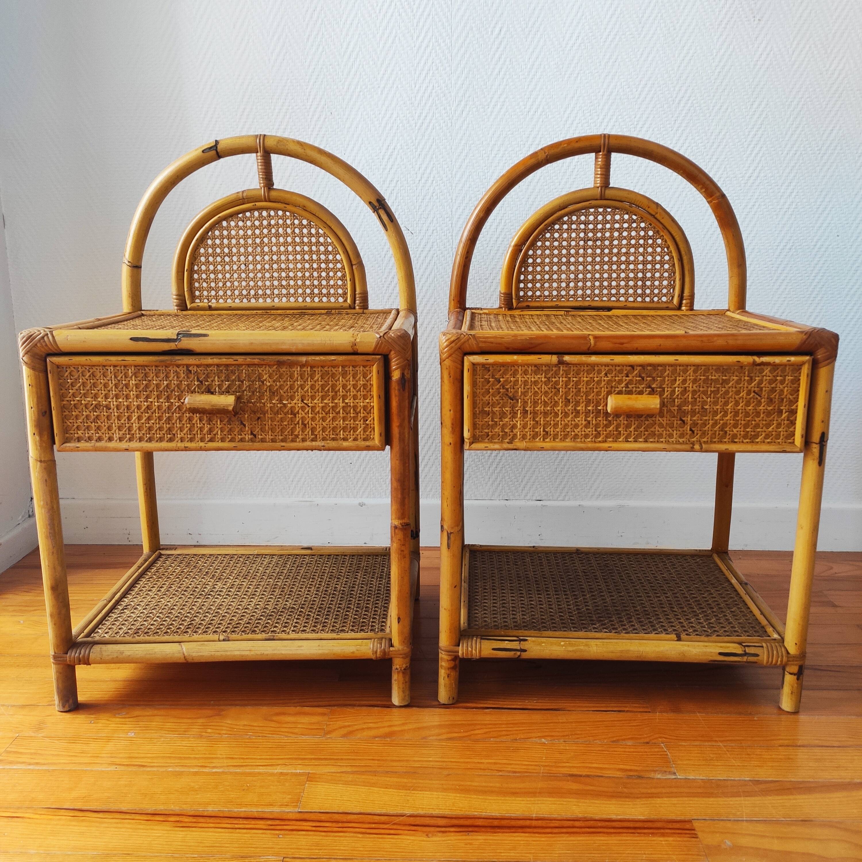Pair of cane and rattan bedside tables Italy 1970