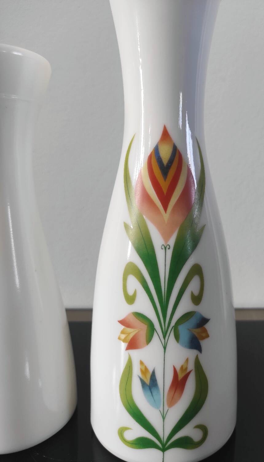Pair of white opaline flower vases with floral decoration – 1970s
