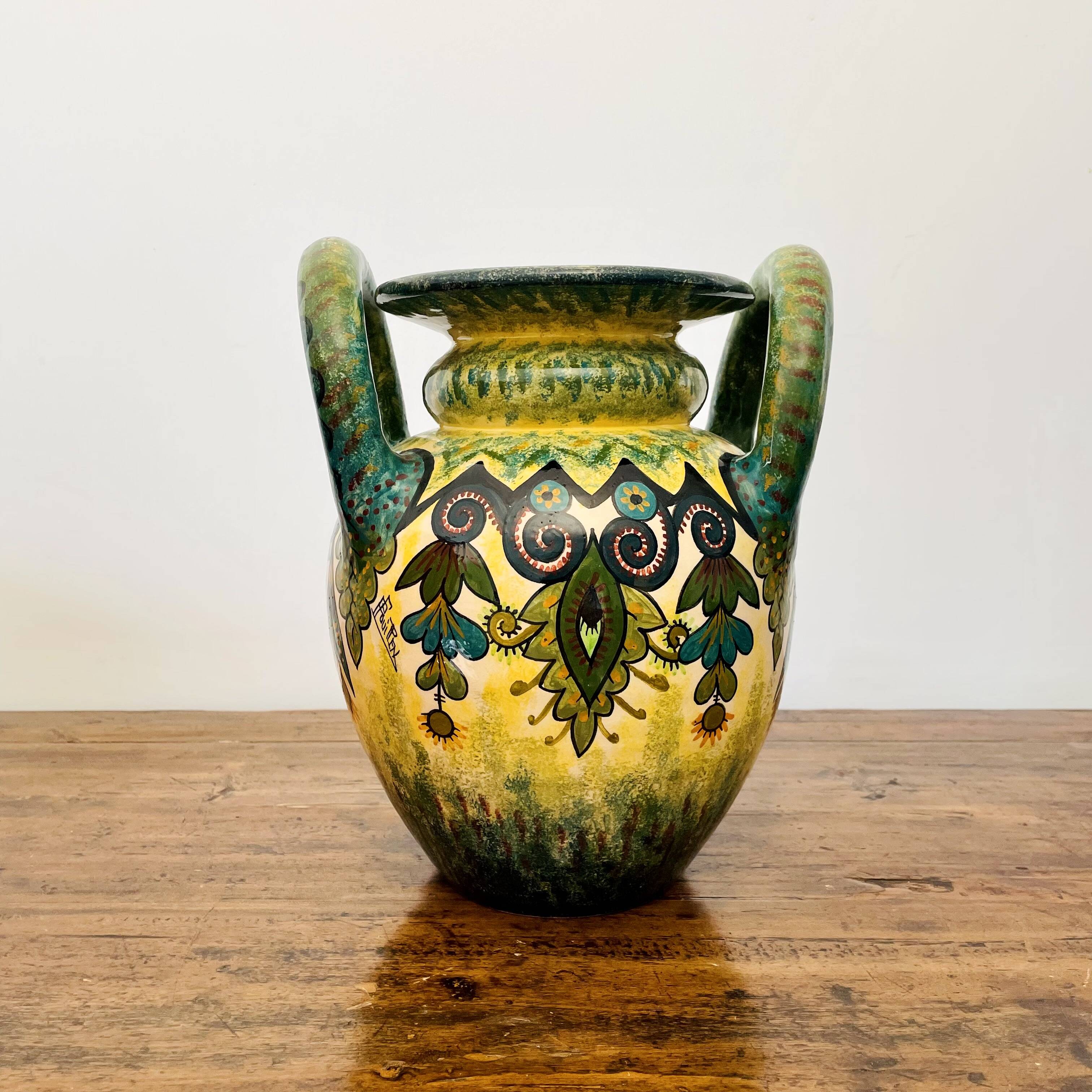 Sublime vase signed Paul Fouillen with yellow and green handles 1940