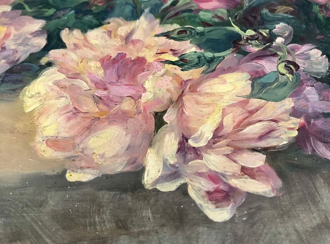 François Félix Roubaud Still life oil on wooden panel bouquet roses peonies XIX