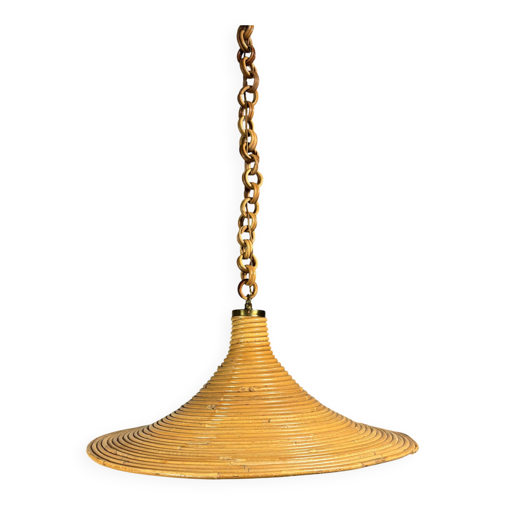 Mid-Century Italian witch hat pencil reed rattan bamboo and brass pendant