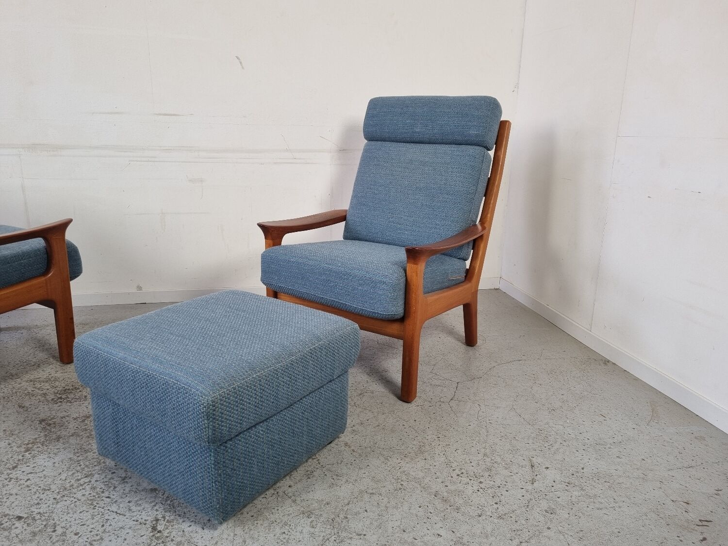Pair of armchairs and Scandinavian teak ottoman by Juul Kristensen, Denmark 1970s