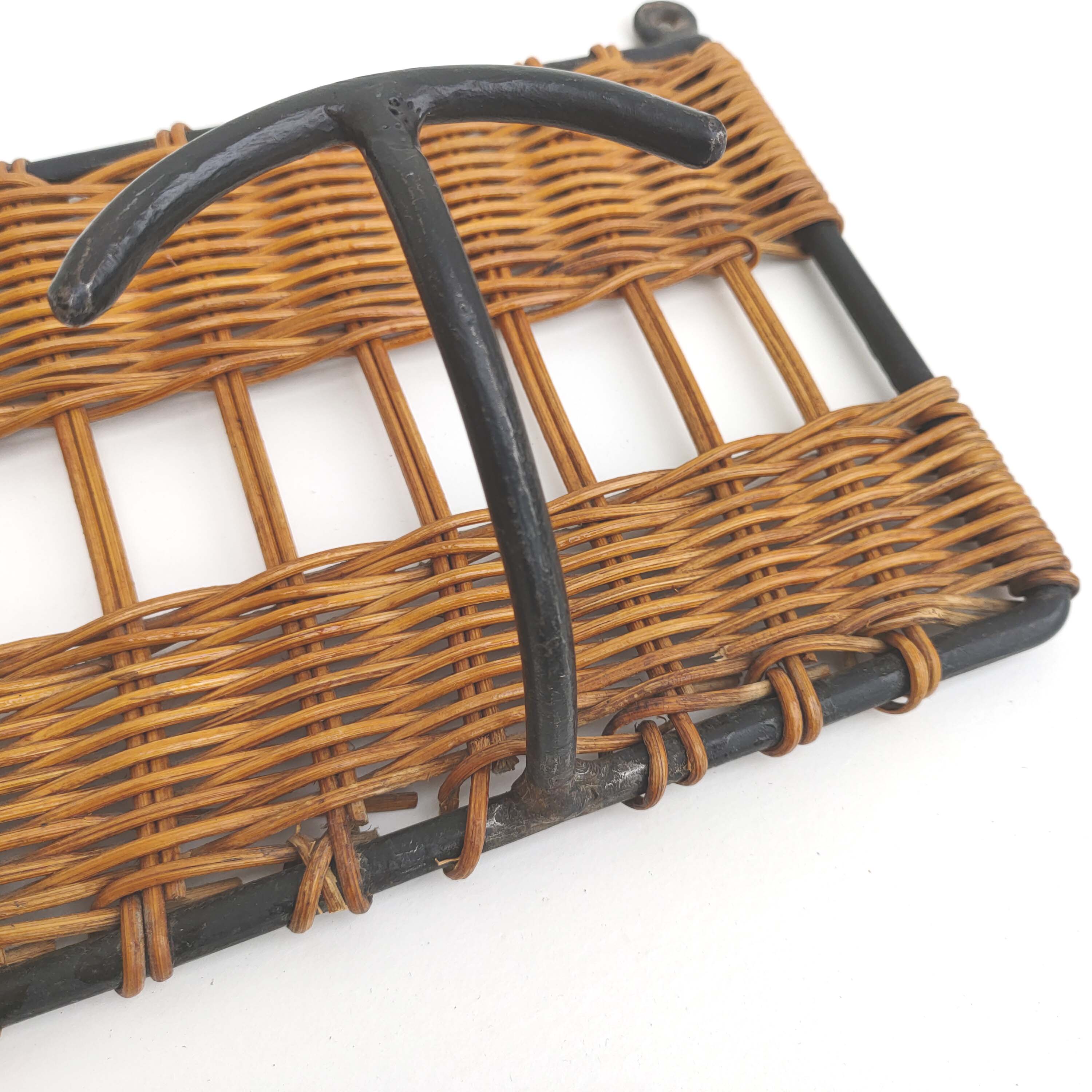 Wall-mounted coat rack with 3 patères in iron and rattan 60s