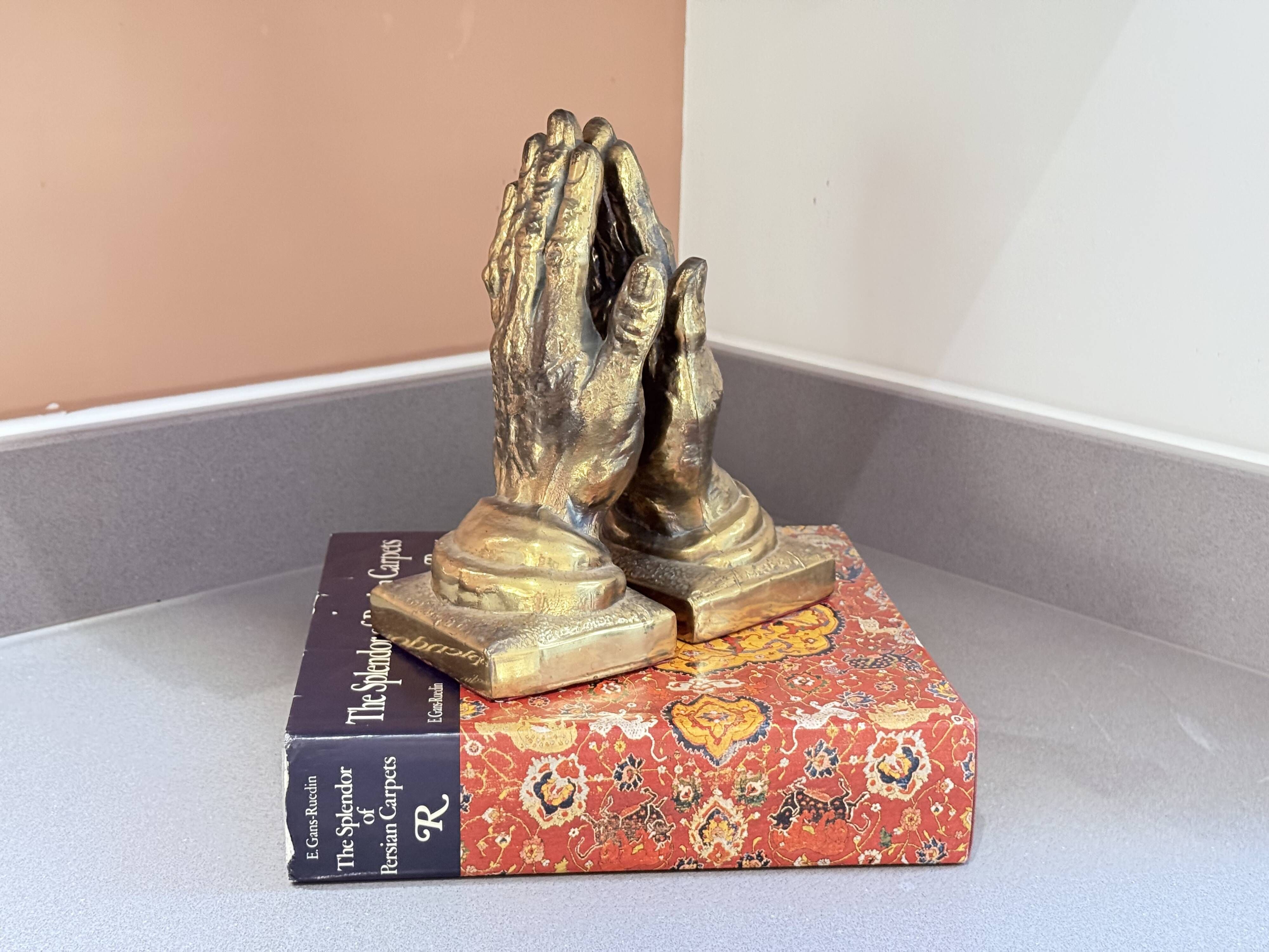 Vintage Gold-Tone Bookend Praying Hands Decorative Bronze Sculptural Book Holder