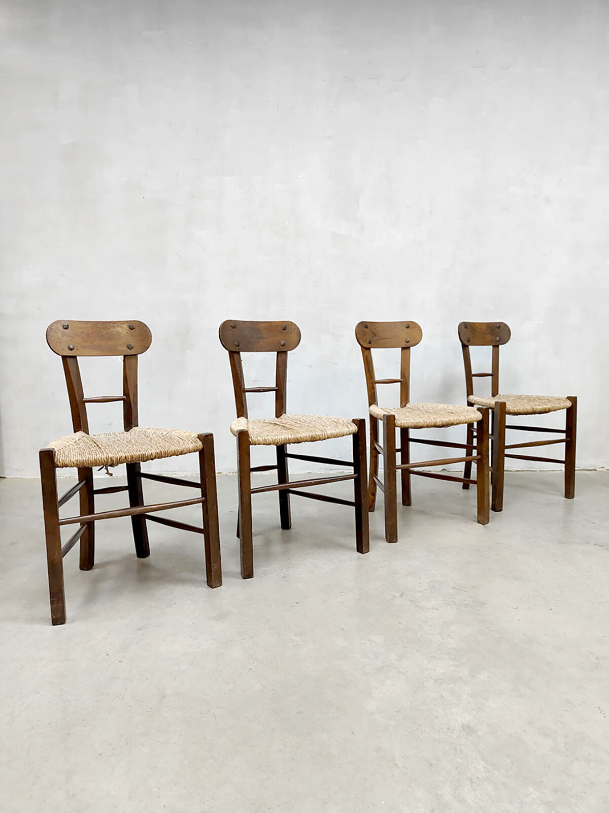 Primitive vintage rush seat straw dining chairs ‘wabi sabi’