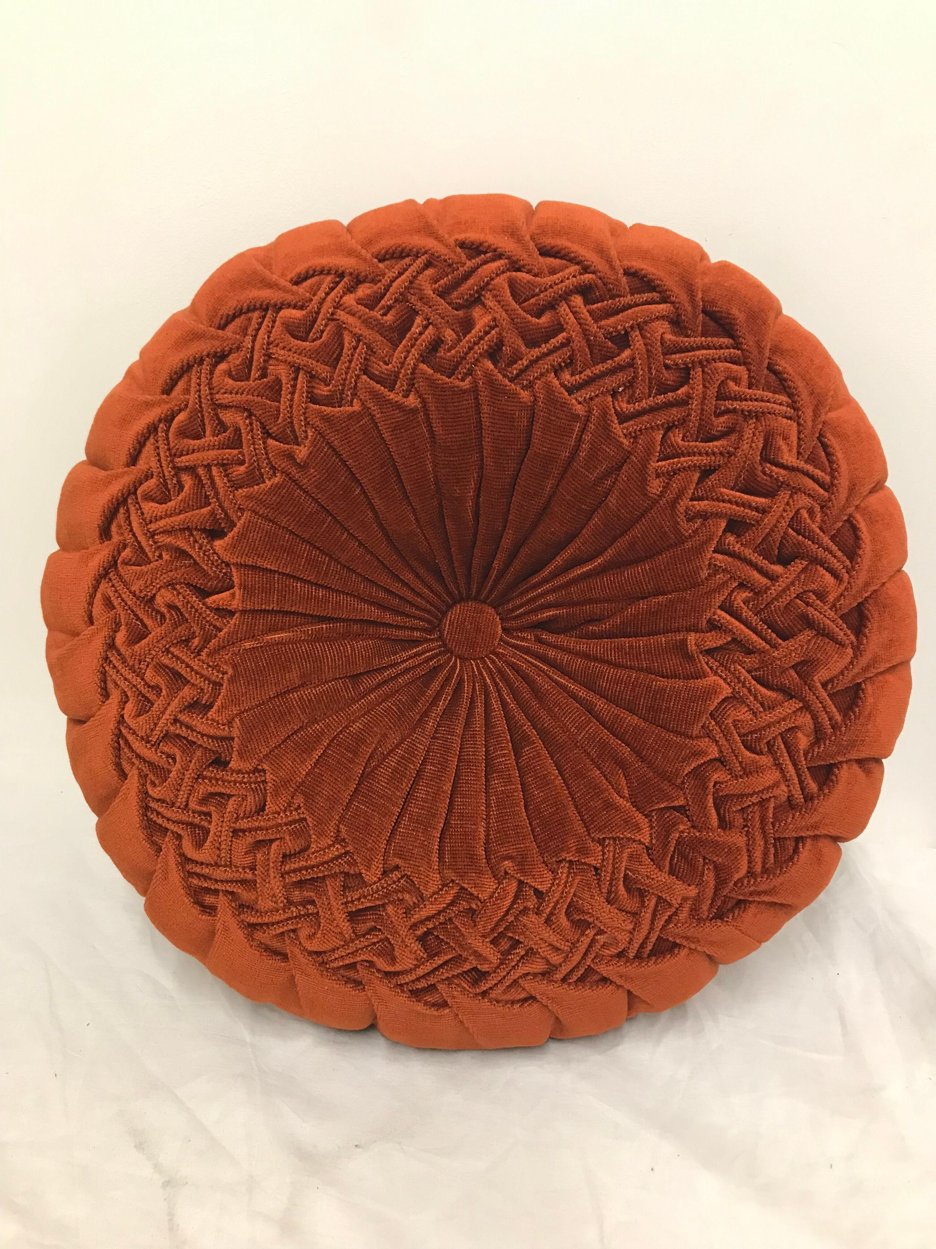 Round pleated cushion in vintage ribside velvet