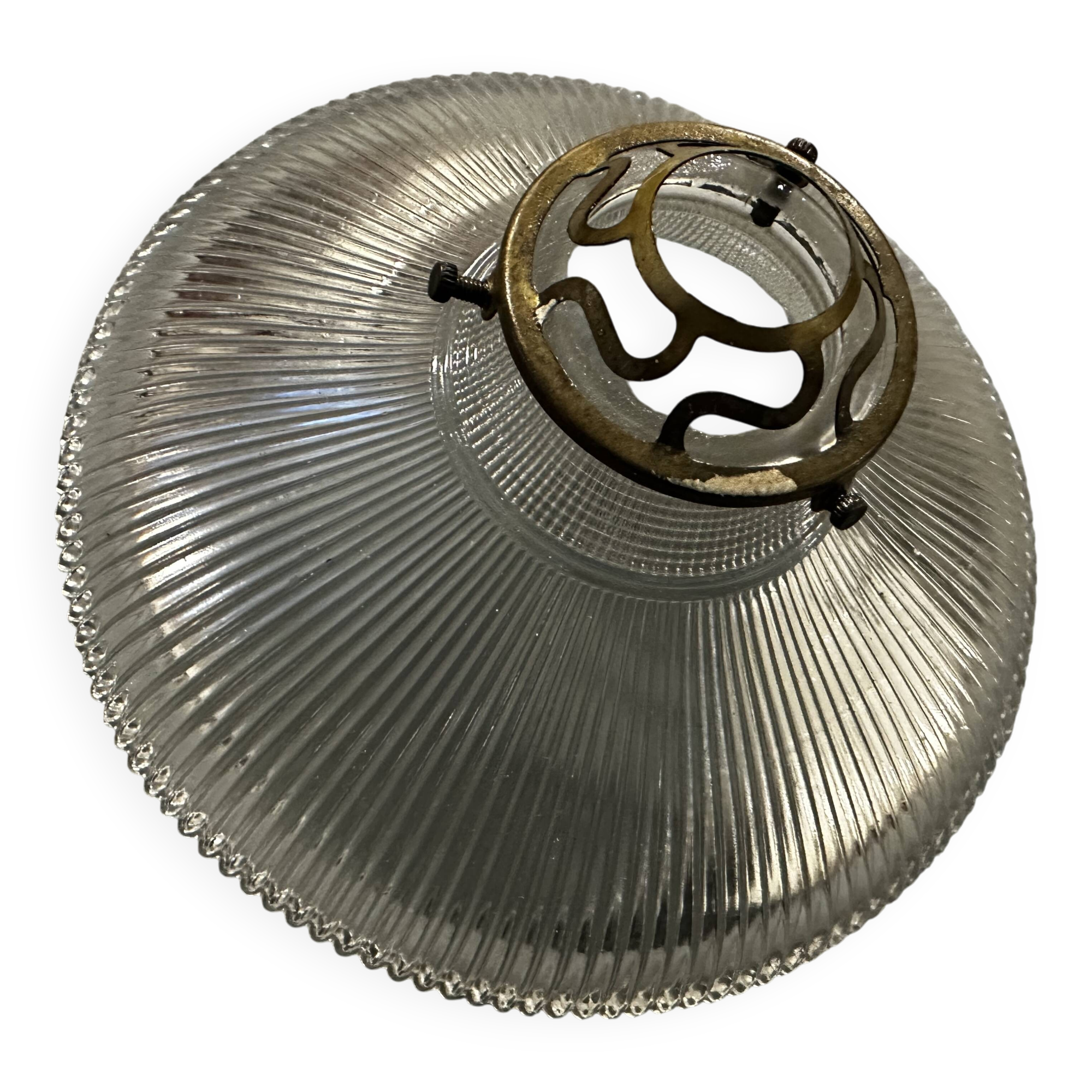 Suspension in holophane striated glass and brass support - art-deco period