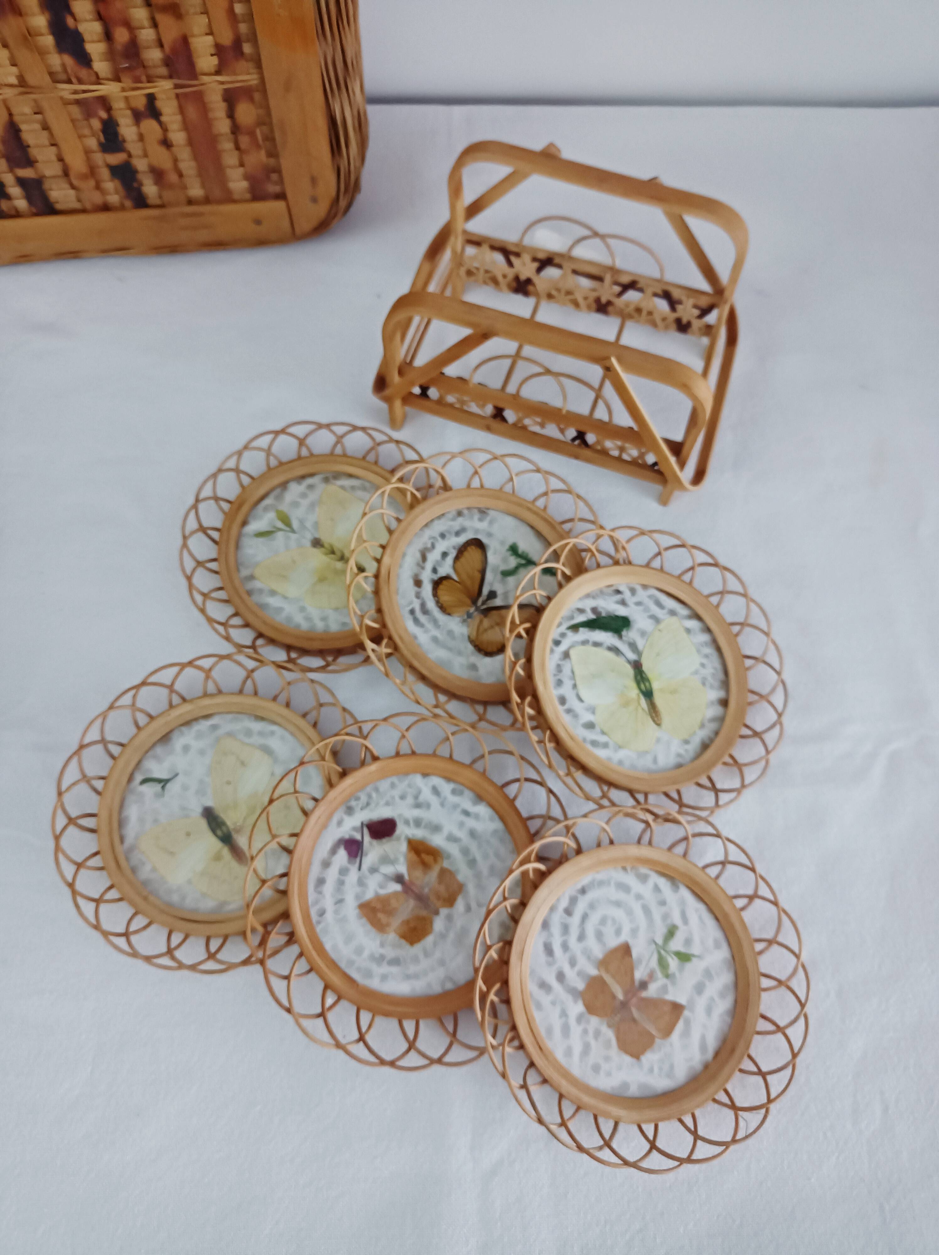 Set of 6 butterfly wicker coasters