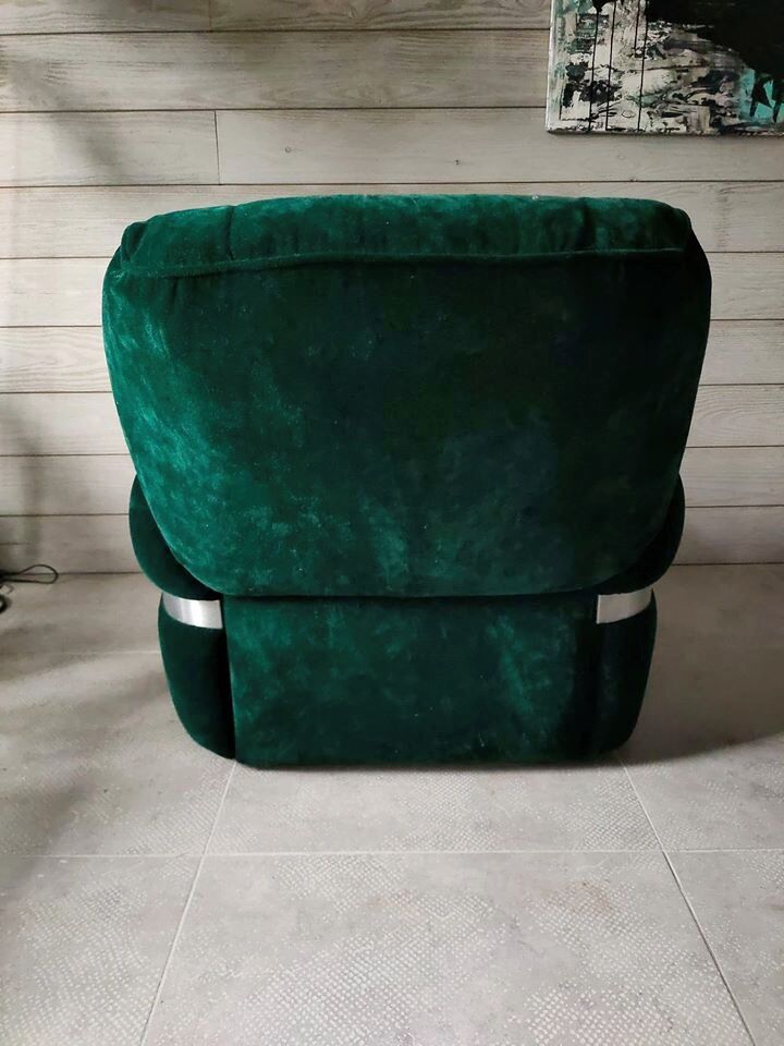 Pair of vintage armchairs in green velvet foret and chrome
