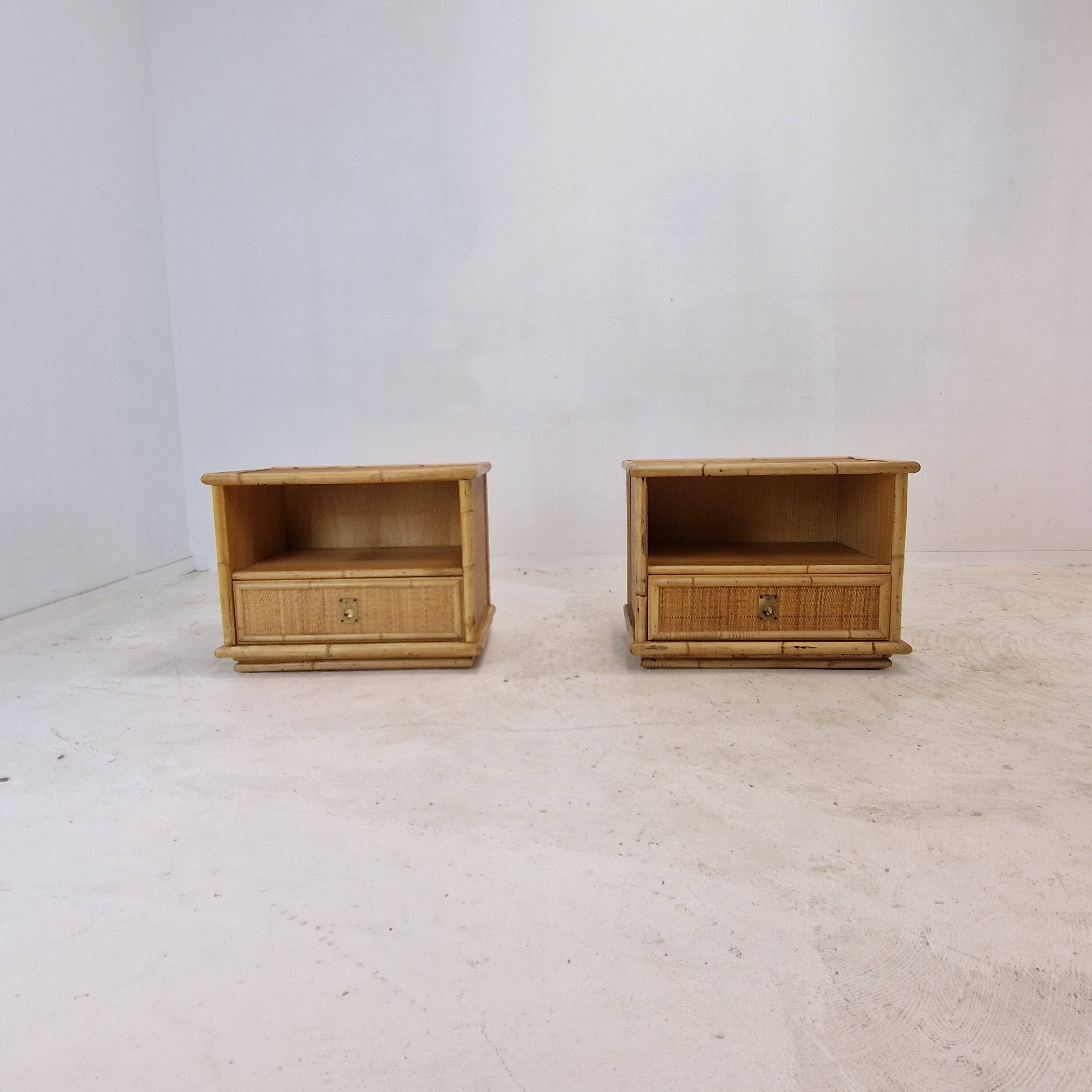 Bamboo and Rattan Pair of Bedside Tables Nightstands by Dal Vera, Italy 1970s
