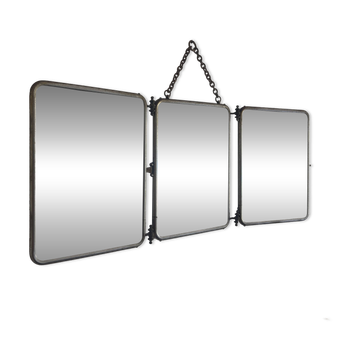 Vintage 1930s triptych barber mirror with bevelled glass and faux leather - 24 x 60