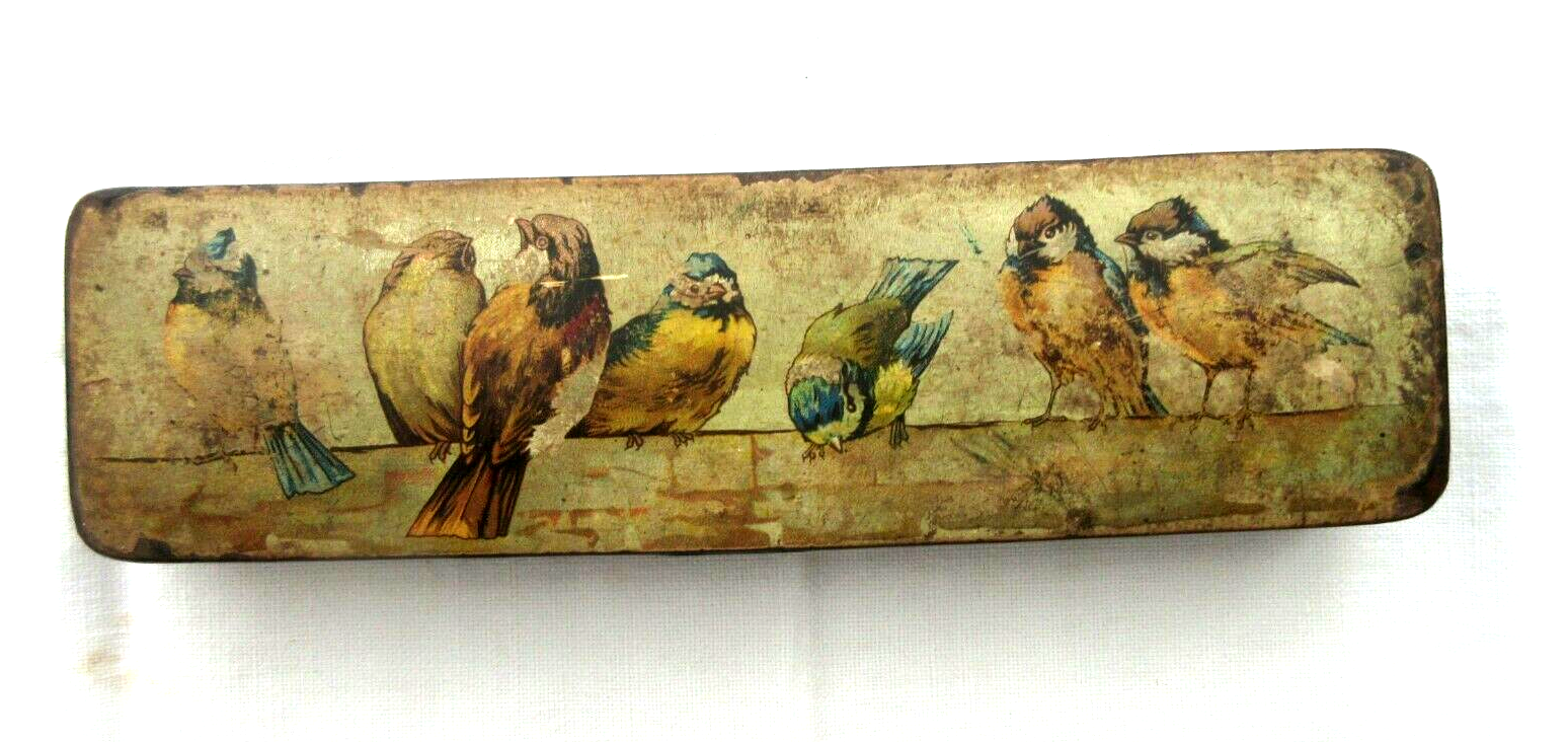 Old Napoleon III pen tray, chewed cardboard and chromo: Alignment of birds