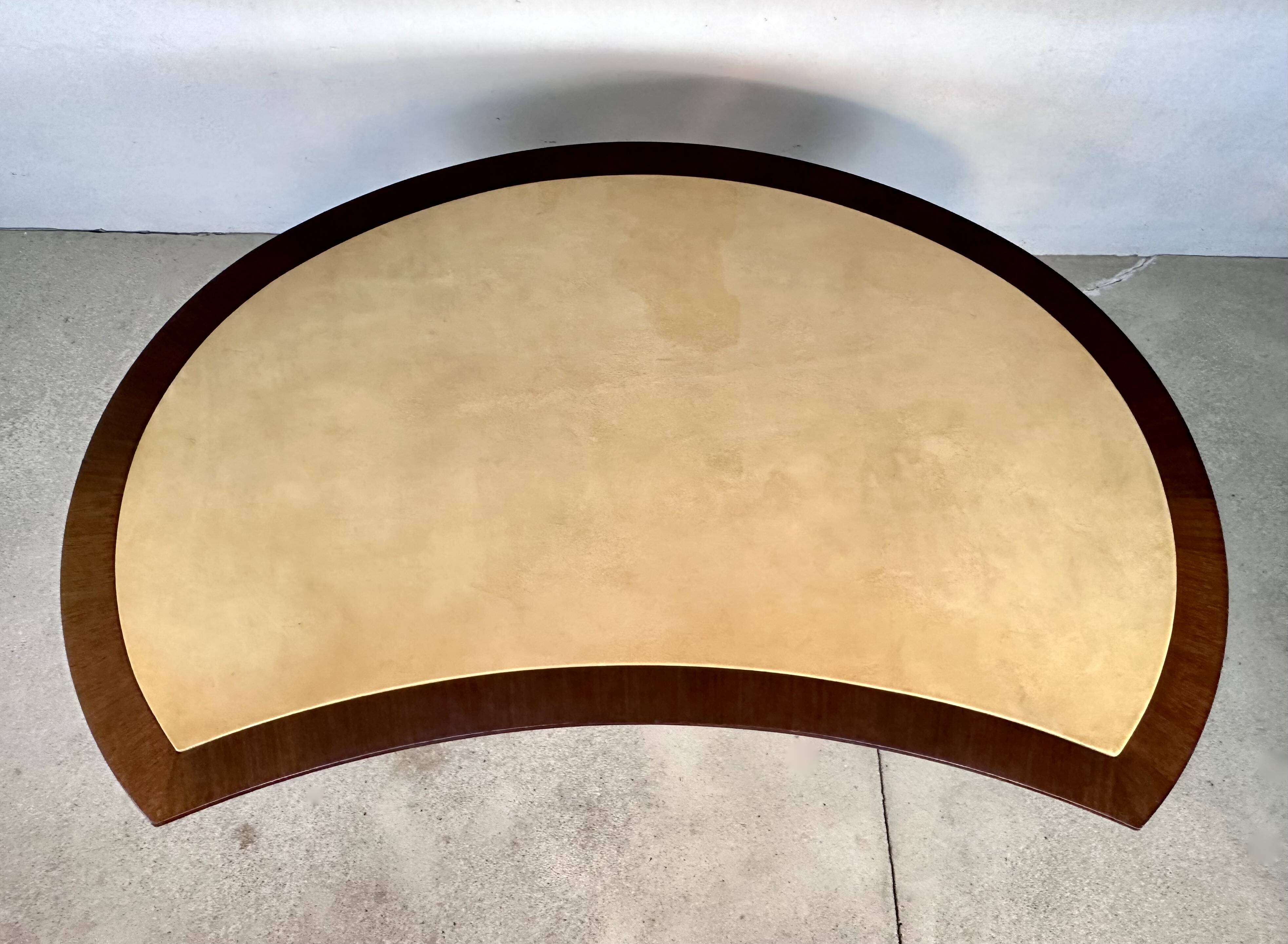 Large Italian Single Column Crescent-Shaped Desk in Goat Skin & Brass 1950s