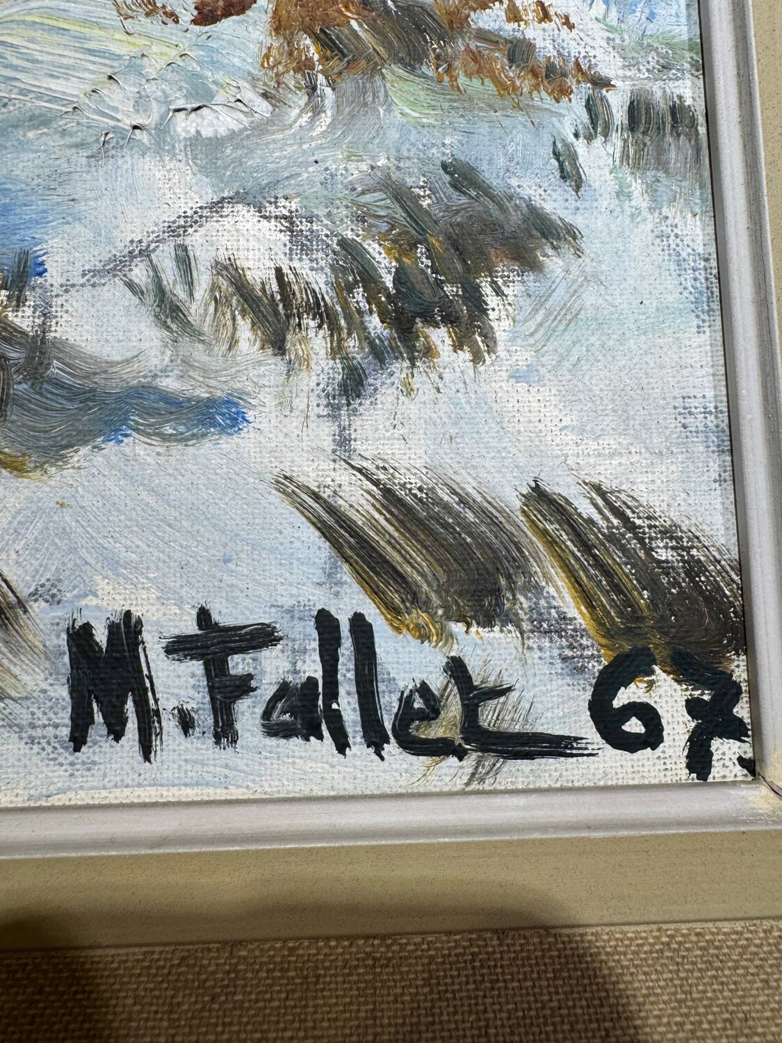 Antique painting, landscape under the snow, signed Fallet 1967