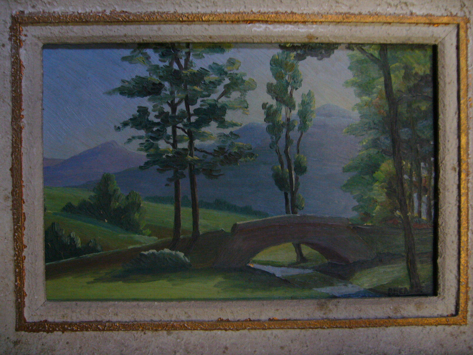 Signed old framed painting depicting a country landscape