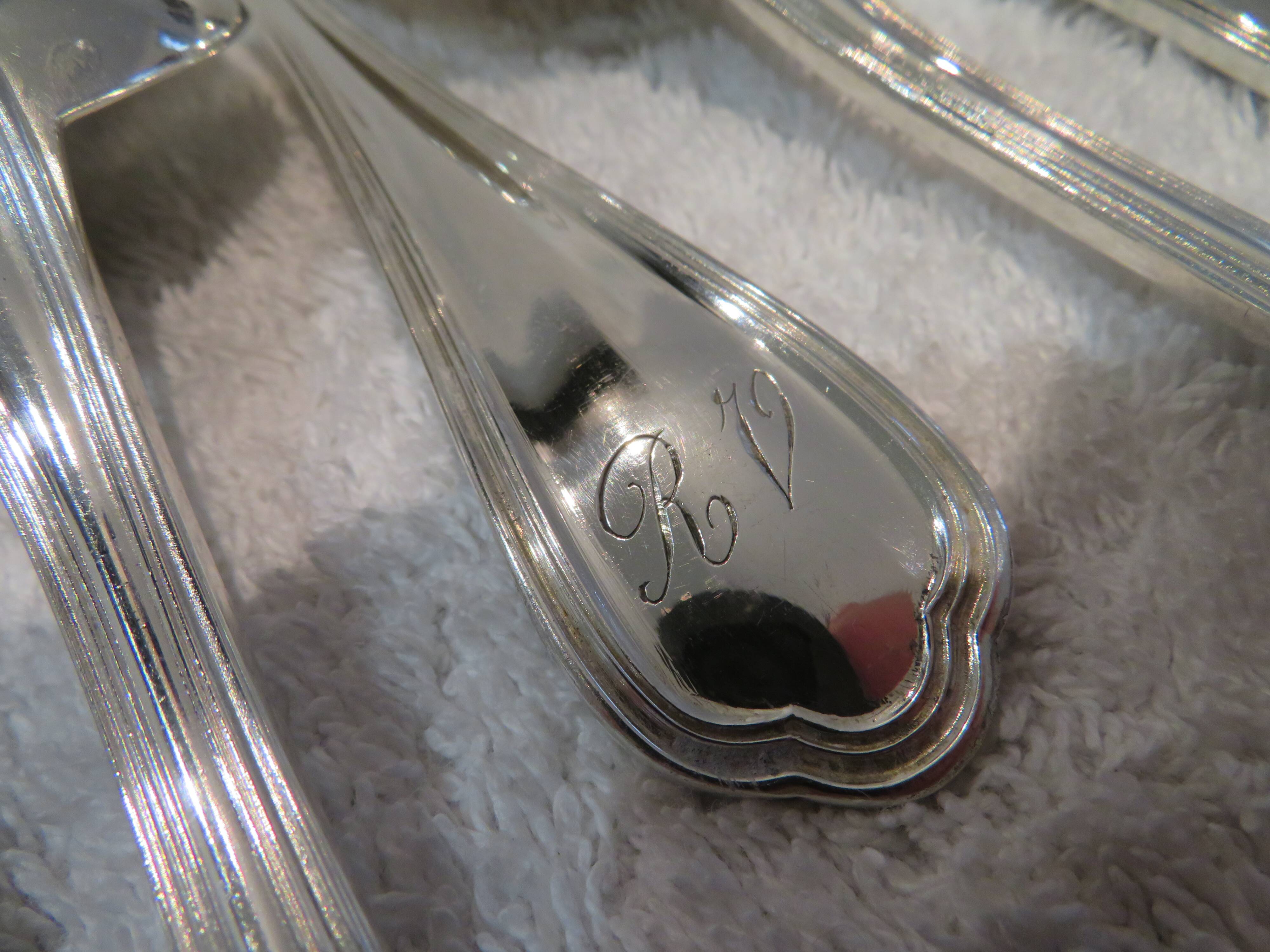 15 Christofle Spatours engraved RV 21.8cm table cutlery 30p early 20th century