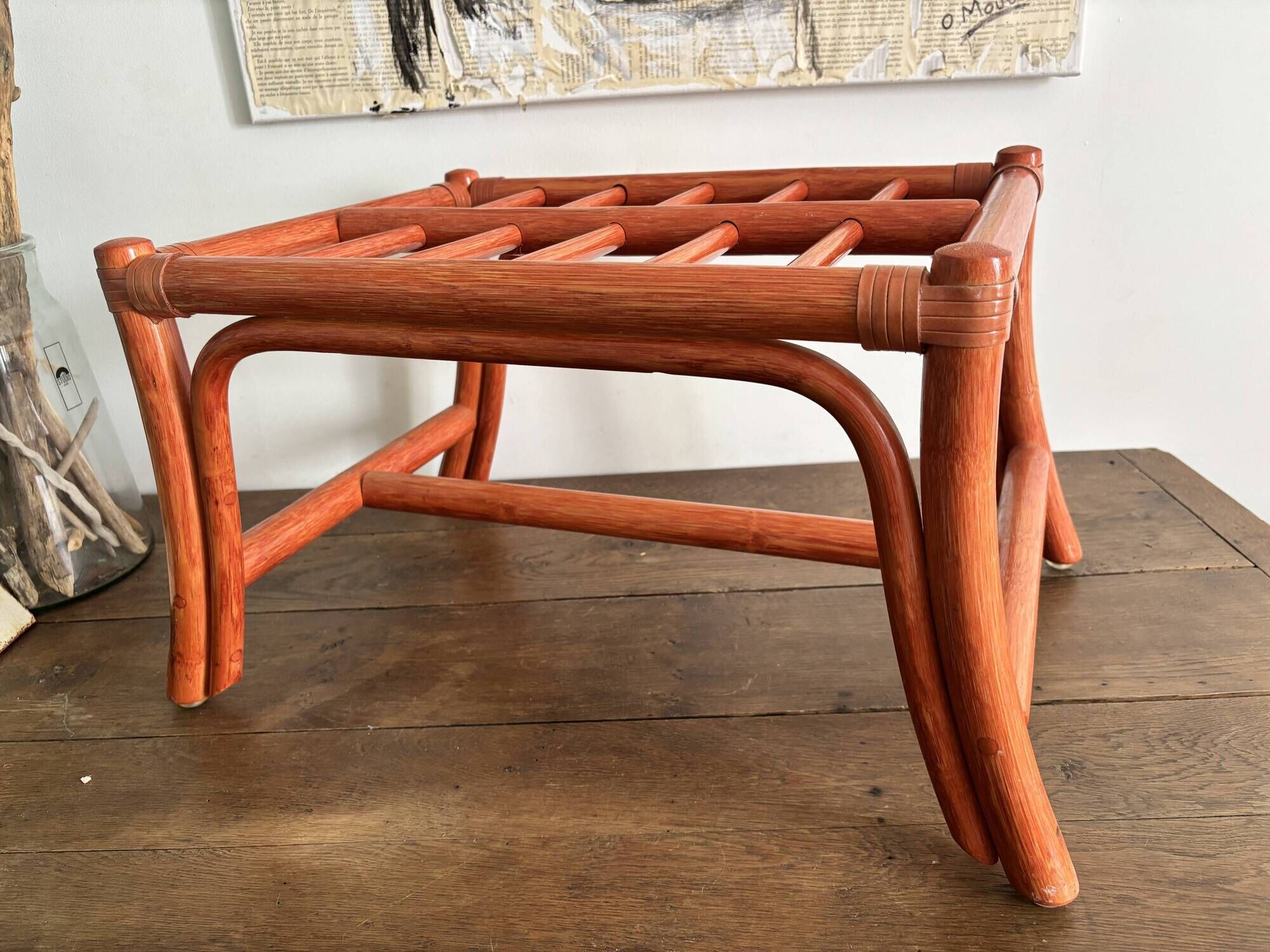Vintage bamboo and curved rattan luggage rack