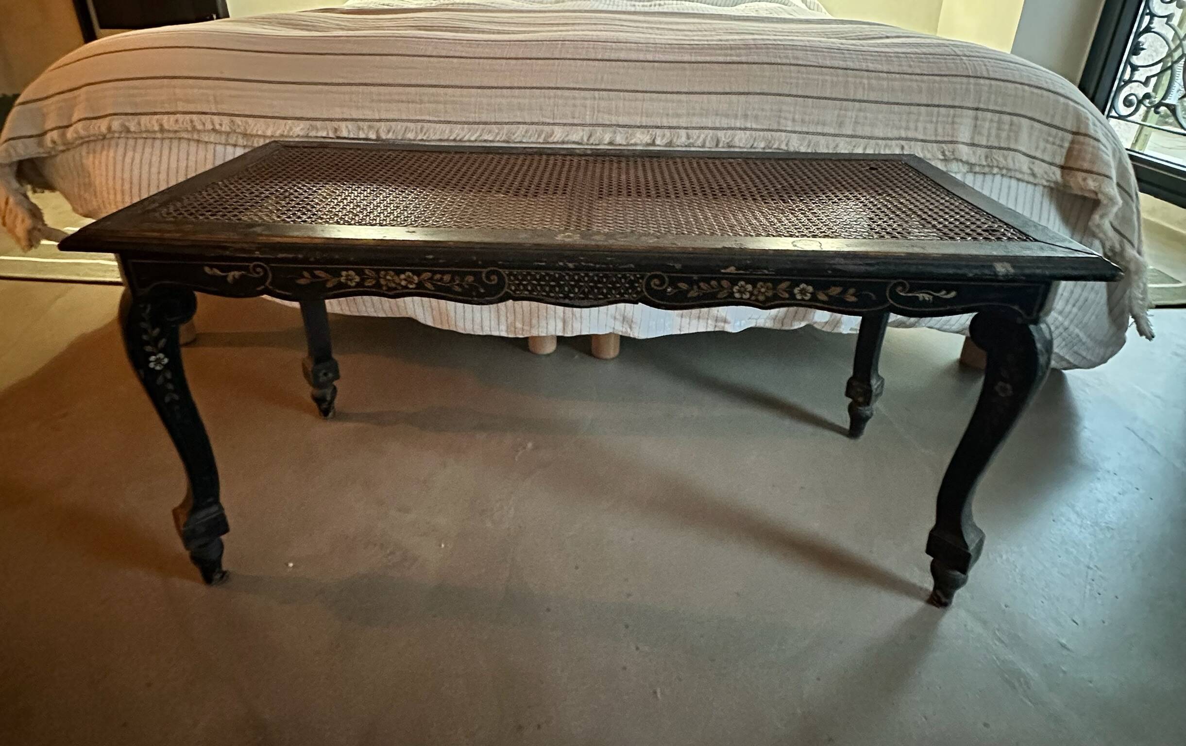 Antique black lacquered coffee table with caning – painted decoration – late 19th century