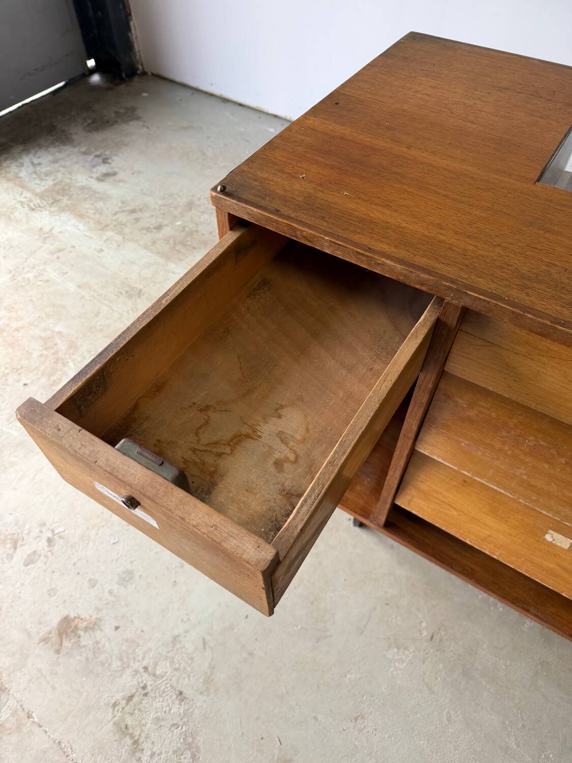 Antique teak craft shop furniture / counter / haberdashery display cabinet.