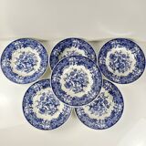 Set of 6 blue earthenware soup plates, floral and bird decoration, early