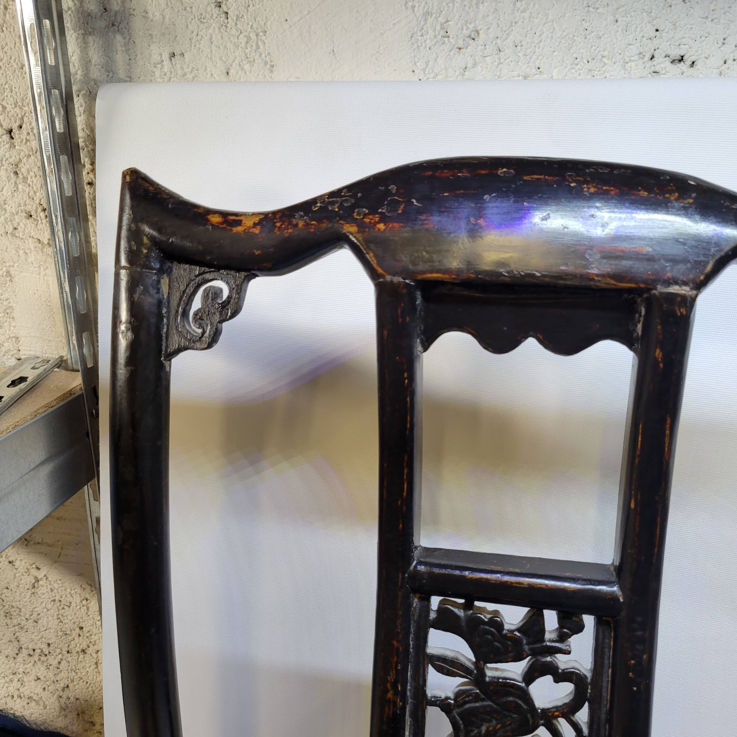 Pair of old chairs armchairs 19th century Chinese stools in black lacquered wood