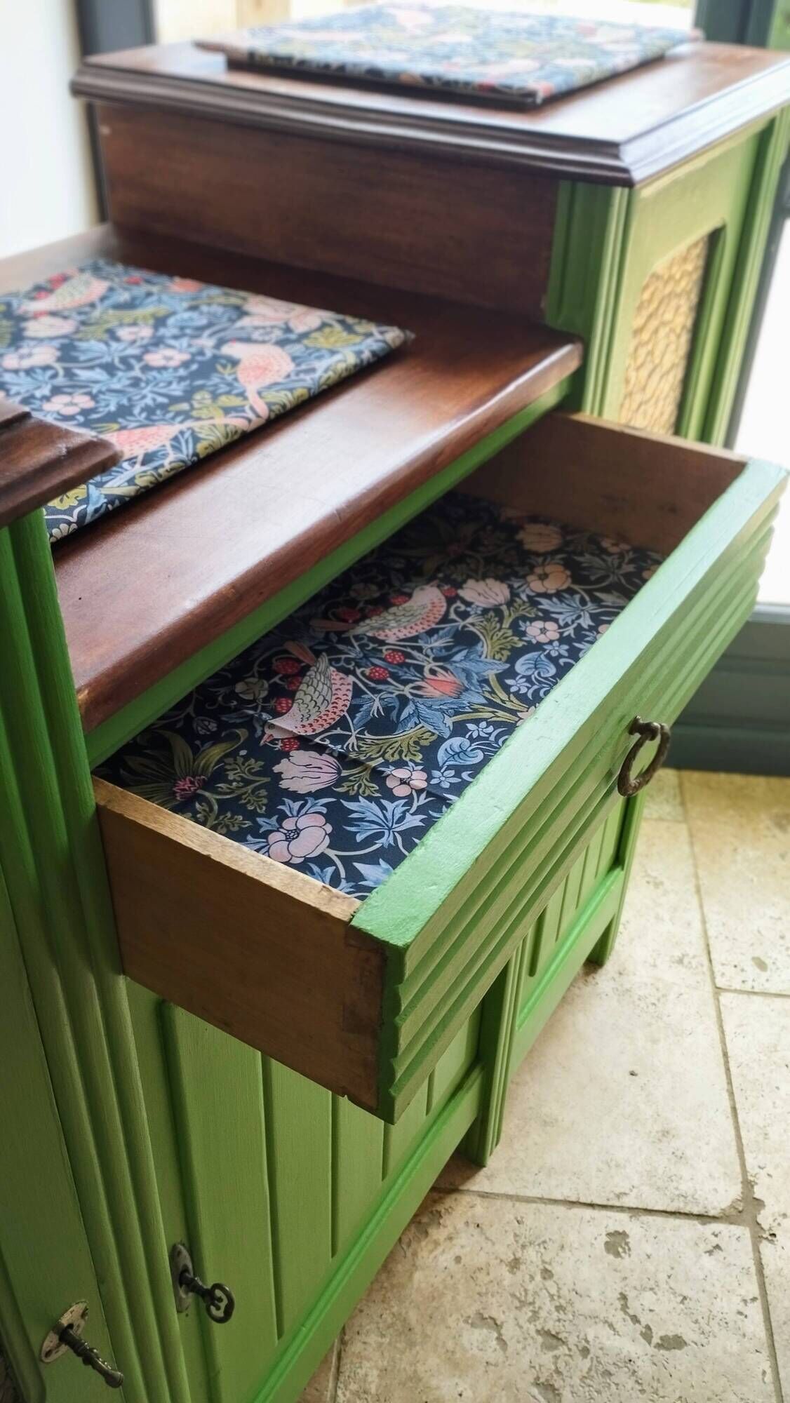 Art Deco Gin Buffet, painted in Farrow and Ball with a William Morris-inspired interior