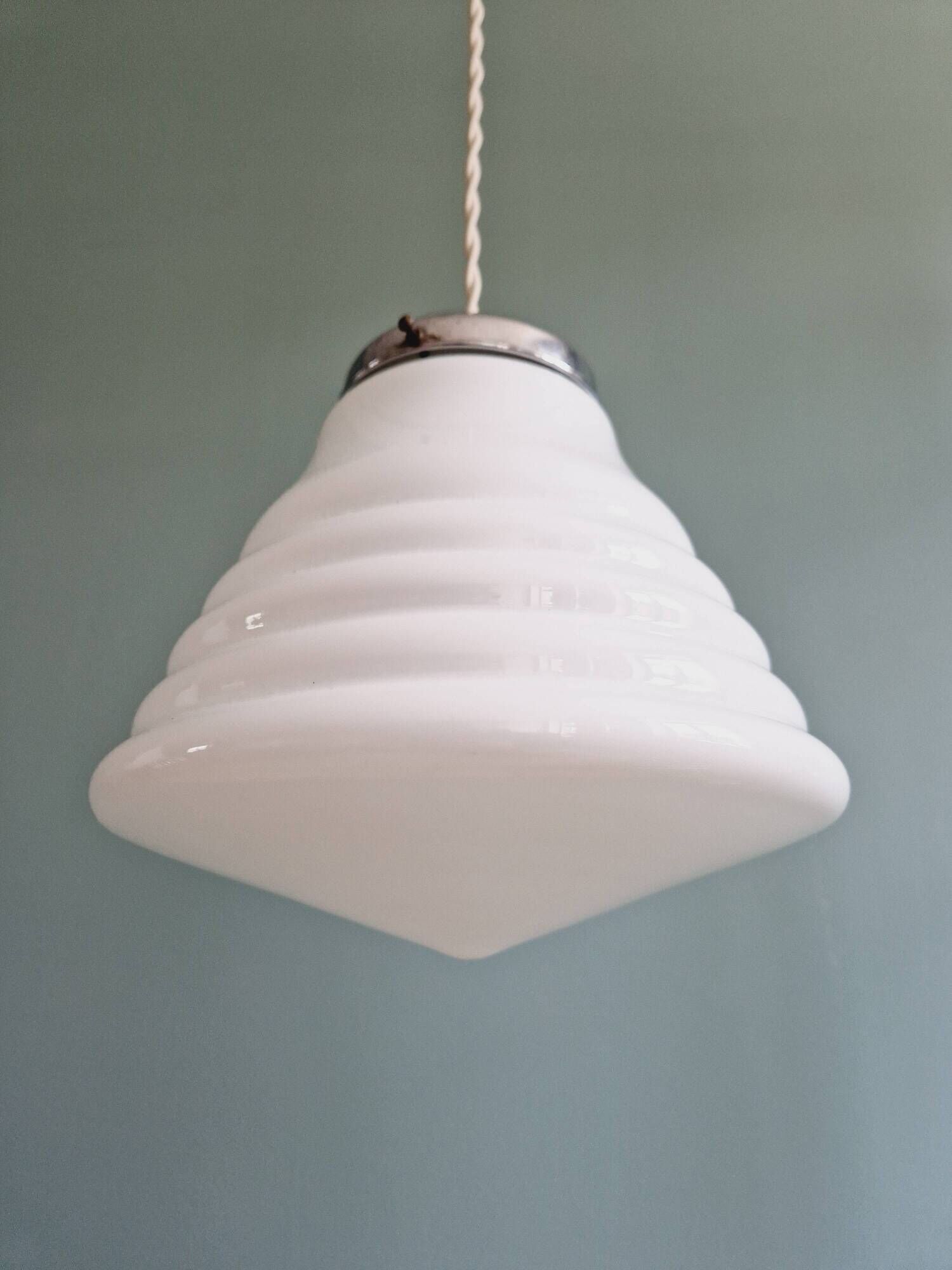 Art Deco conical pendant light in white opaline, 1920s-30s