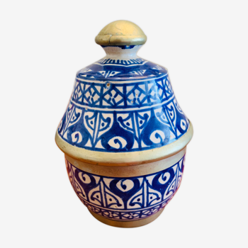 Pot/Cylinder/vintage box in blue Moroccan ceramic from Fes - signed