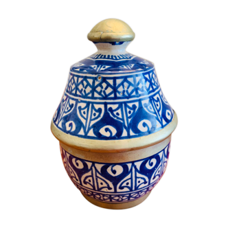Pot/Bonbonne/boîte vintage en céramique marocaine bleue de Fes - signé