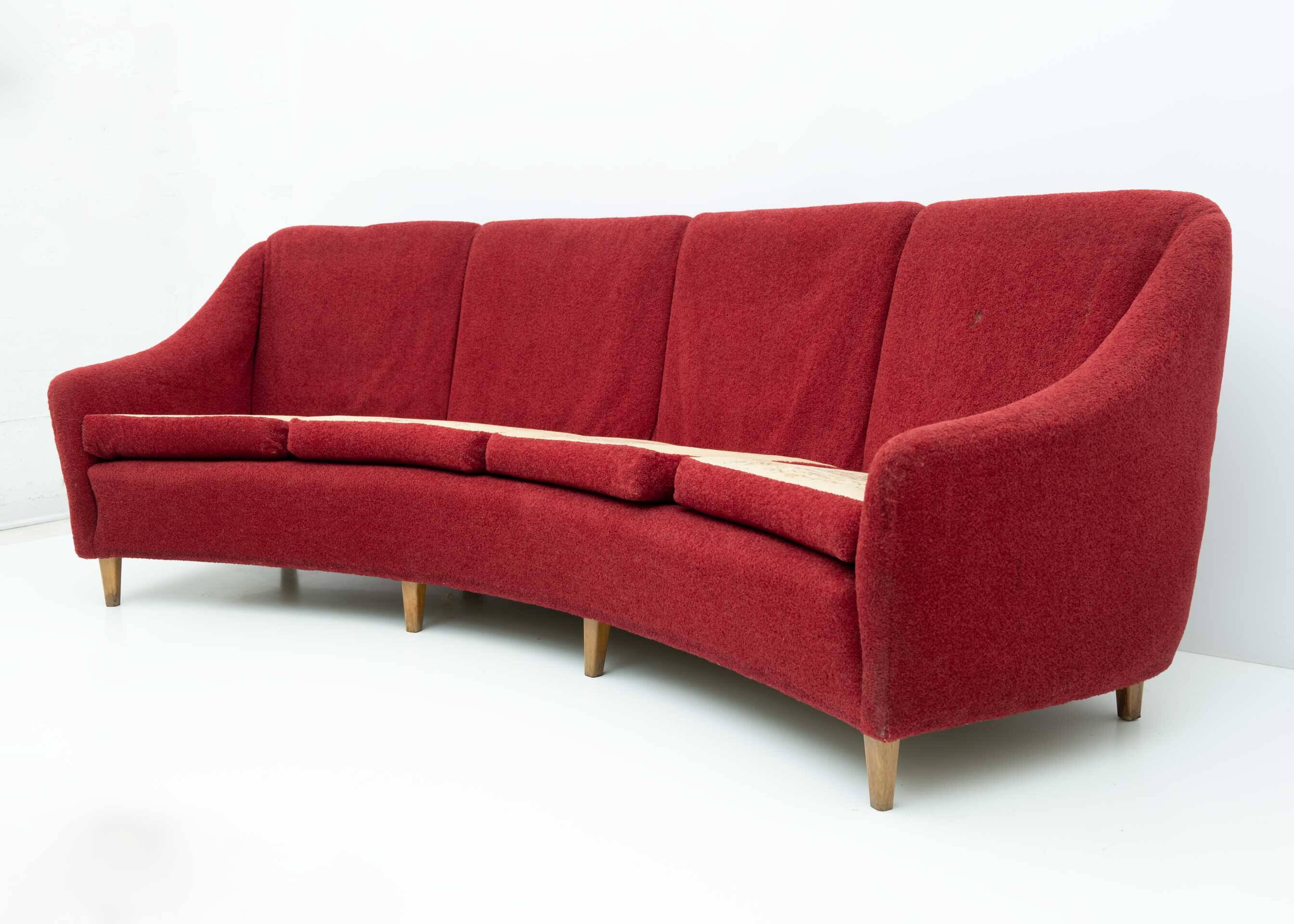 Mid-Century Modern Italian Velvet four Seater Curved Sofa, 1950s