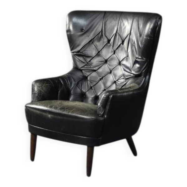 Fauteuil à oreilles vintage danois moderne en cuir noir matelassé, milieu du XXe siècle, années 1960