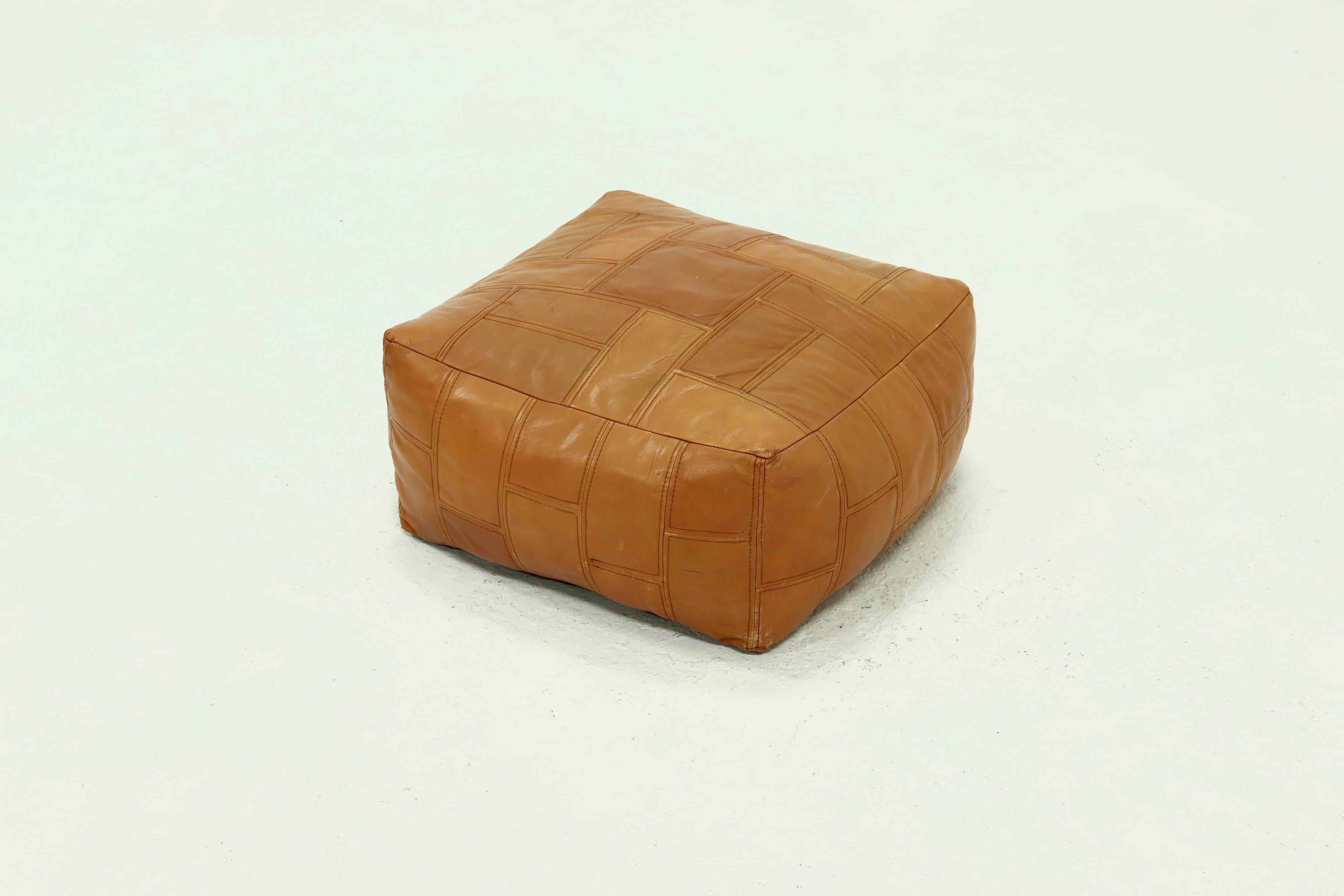 Mid-Century Patchwork Cognac Leather Pouf, 1970s