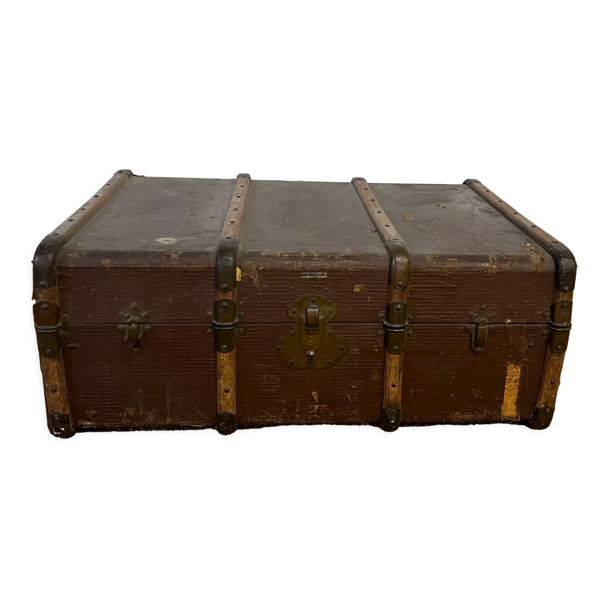 Vintage trunk in wood and leather, St Hubert Paris