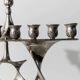 Vintage 1960s silver-plated menorah for Hanukkah, Mid-Century design with rotating Star of David, Judaica decoration, elegant gift idea.